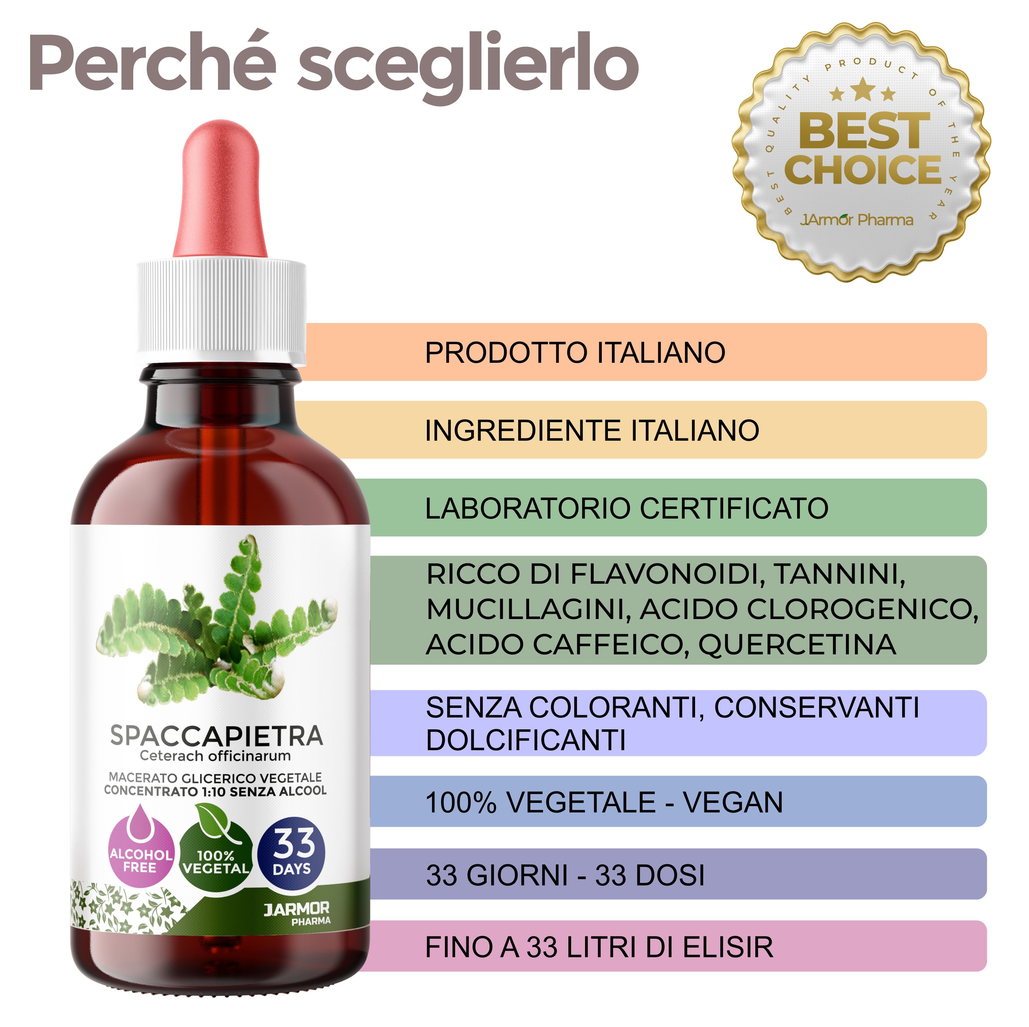Flacone marrone con contagocce rosso. Testo: Prodotto italiano, ingrediente italiano, laboratorio certificato, 100% vegetale, 33 giorni.