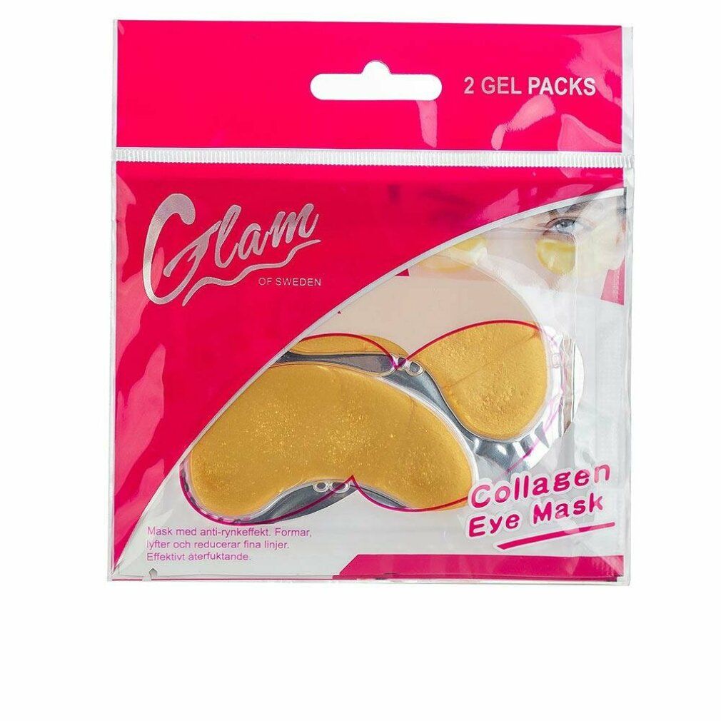 Confezione con due maschere occhi dorate. Scritta: Glam of Sweden, Collagen Eye Mask. Sfondo rosa.