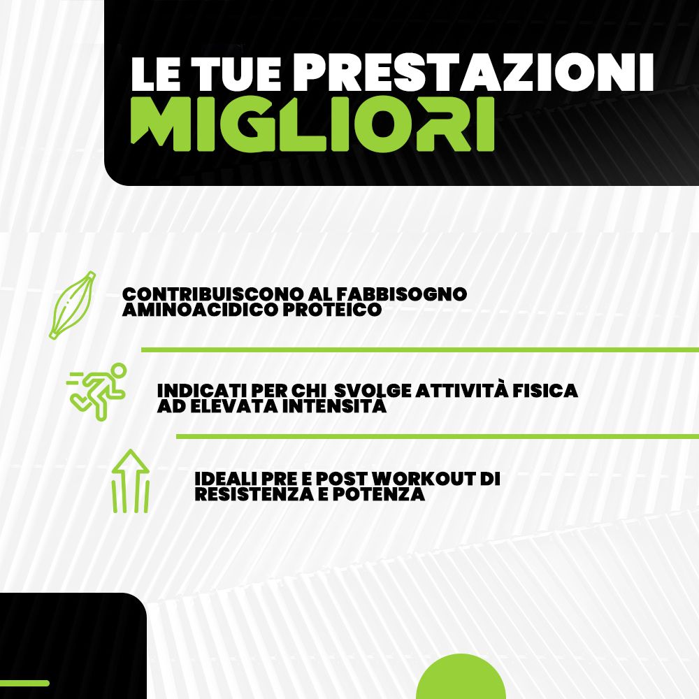 Testo: Le tue migliori prestazioni. Contribuisce al fabbisogno aminoacidico. Per attività fisica intensa. Ideale pre e post allenamento.