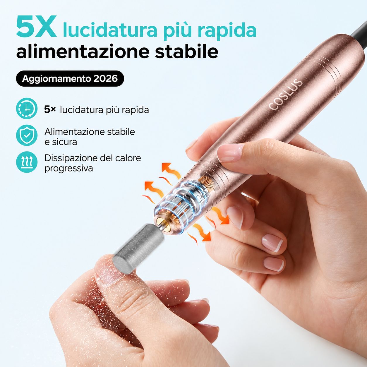 Fresa per unghie con fresa. Alloggiamento color oro rosa, logo COSLUS. Testo: Lucidatura 5X più veloce, alimentazione stabile. Aggiornamento 2026.