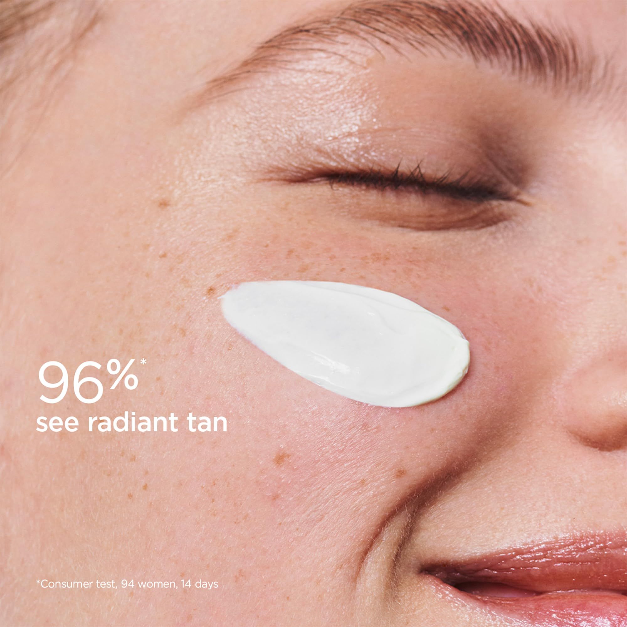 Primo piano di pelle con crema solare. Testo: 96% vedono un'abbronzatura radiosa. Test consumatori, 94 donne, 14 giorni.