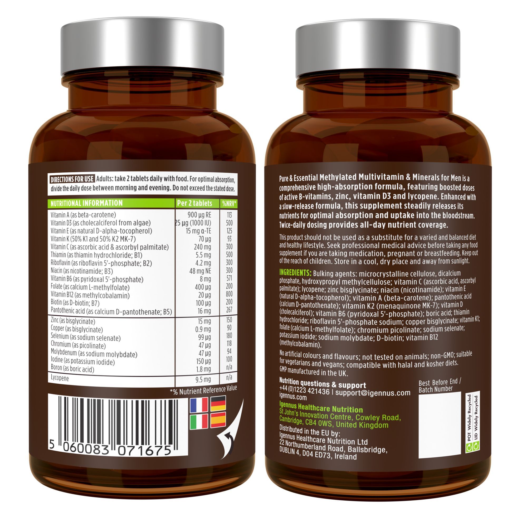 Retro del flacone Igennus Multivitaminici per Uomo con informazioni nutrizionali.