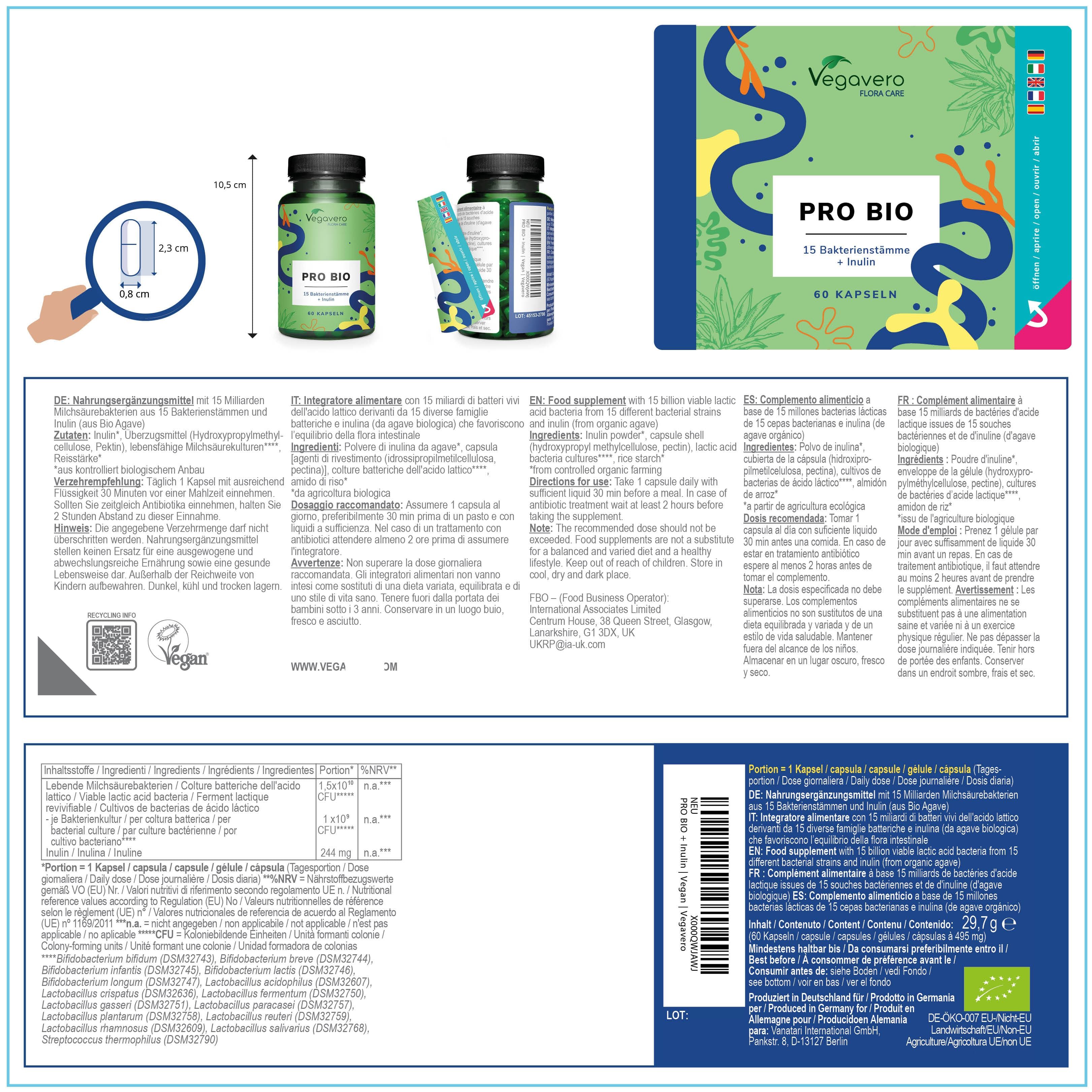 Confezione del prodotto con bottiglia e bustina. Testo: PRO BIO, 15 ceppi batterici + Inulina, 60 capsule. Ingredienti. Marchio: Vegavaro.
