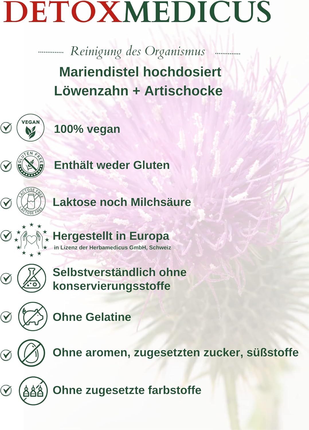 Testo con informazioni su Detox Medicus. Vegano, senza glutine, senza lattosio, prodotto in Europa. Senza additivi.