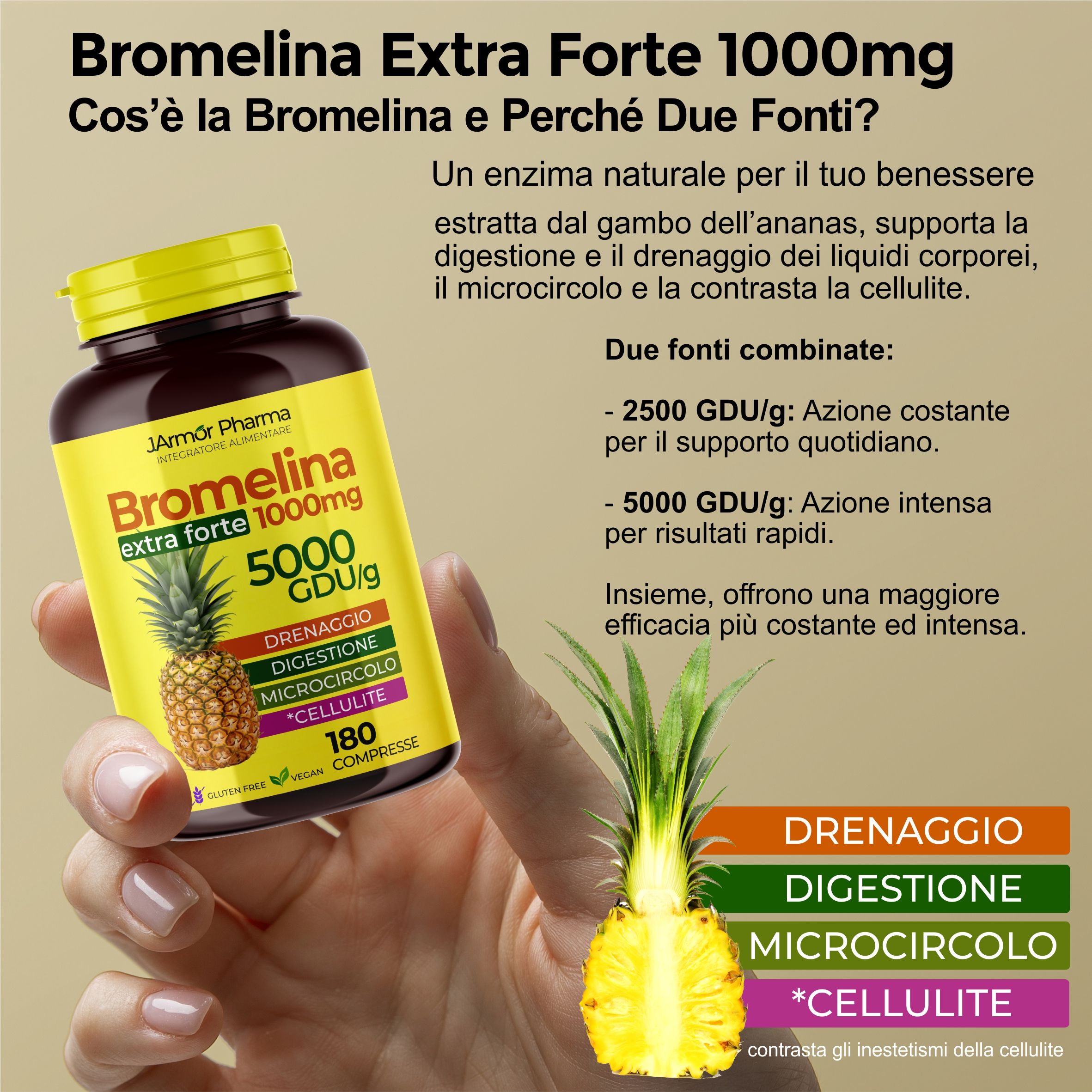 Mano che tiene flacone Bromelina. Testo: Bromelina Extra Forte 1000mg, 5000 GDU/g, 180 Compresse. Immagine di ananas. Fetta di ananas.