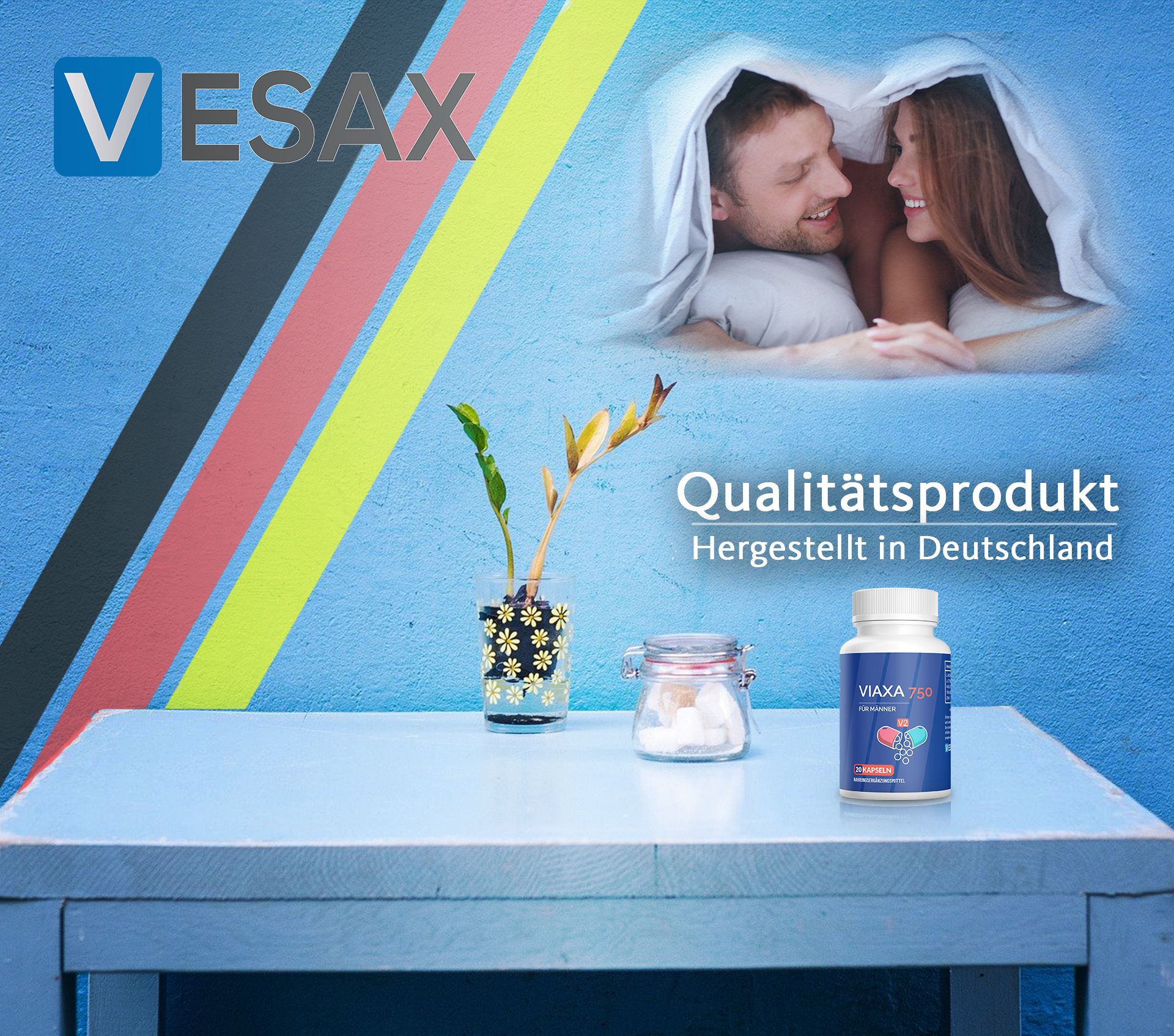 Flacone di Viaxa 750 für Männer. Scritta: 20 capsule. Sfondo: coppia a letto, testo: Vesax, Prodotto di qualità, Prodotto in Germania.