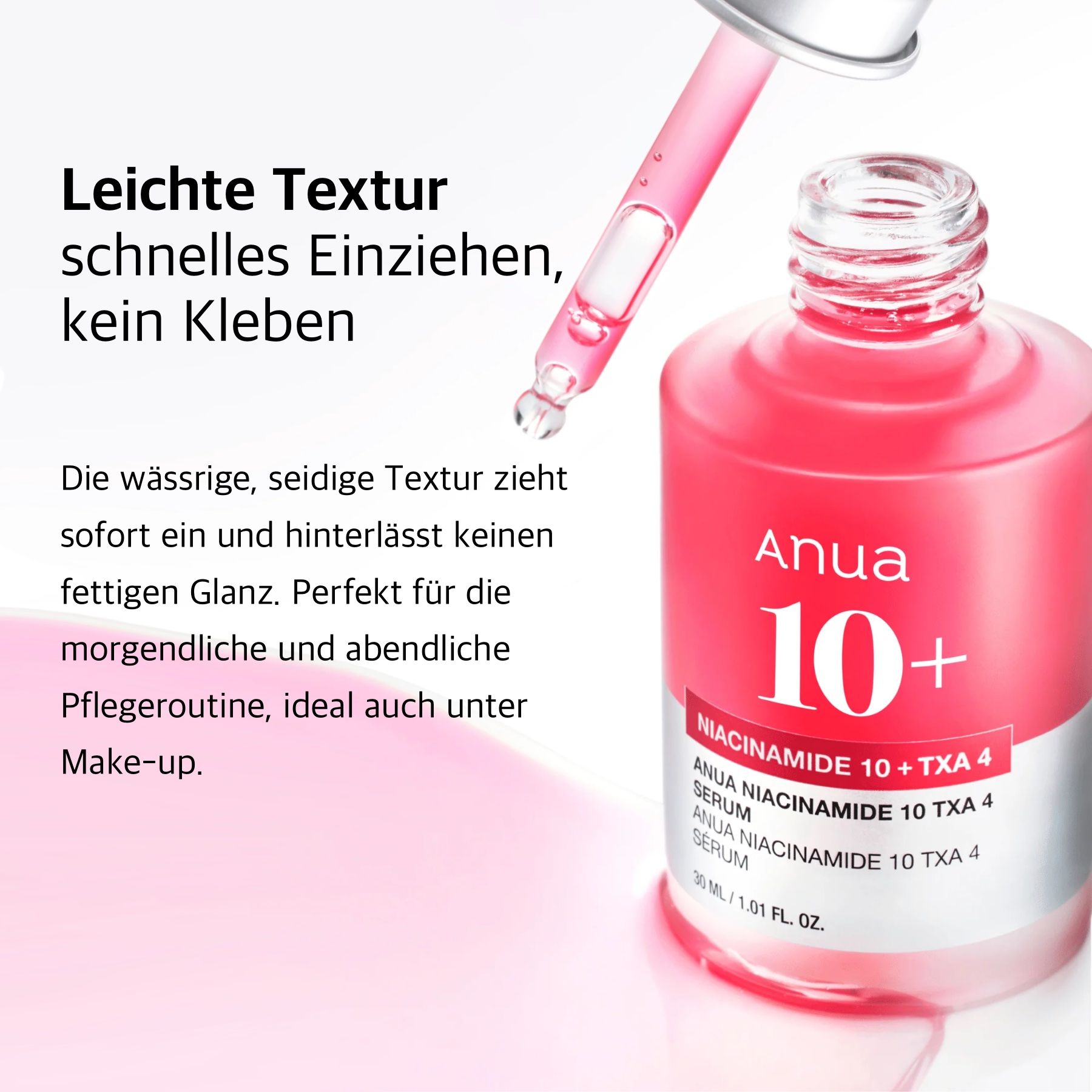 Flacone di siero Anua 10+ con contagocce. Scritta: Anua 10+ Niacinamide TXA 4 Serum. Testo sulla texture.