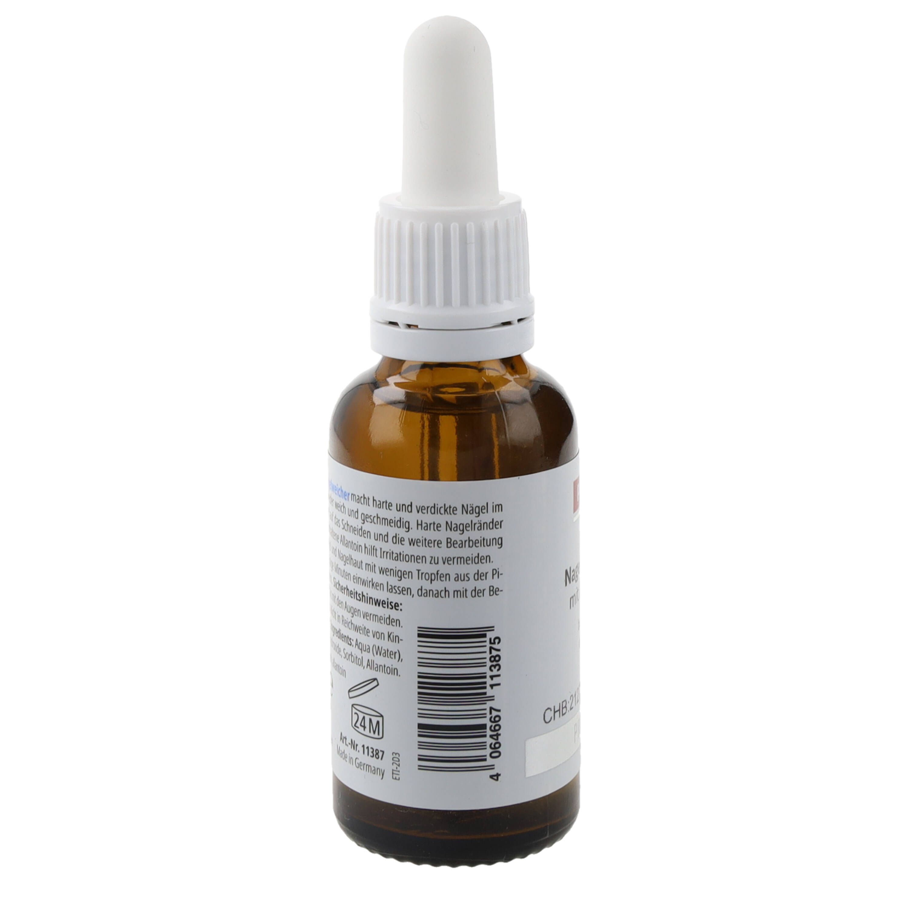 Flacone di vetro marrone con contagocce bianco. Etichetta con testo e codice a barre. 30 ml. Flacone in posizione verticale.
