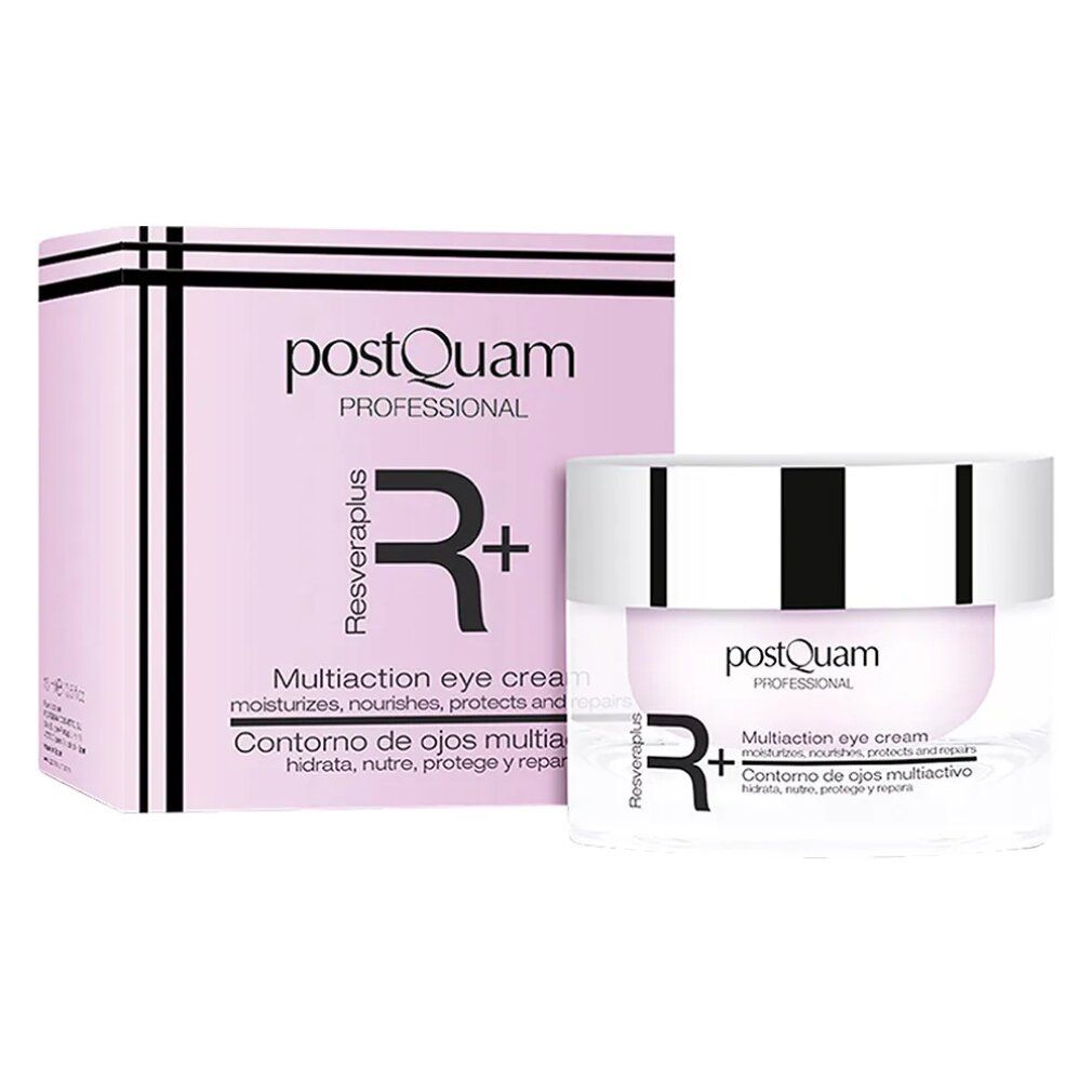 Crema occhi e confezione. Scritta: Postquam Resveraplus Multiaction Augencreme. Rosa e bianco.