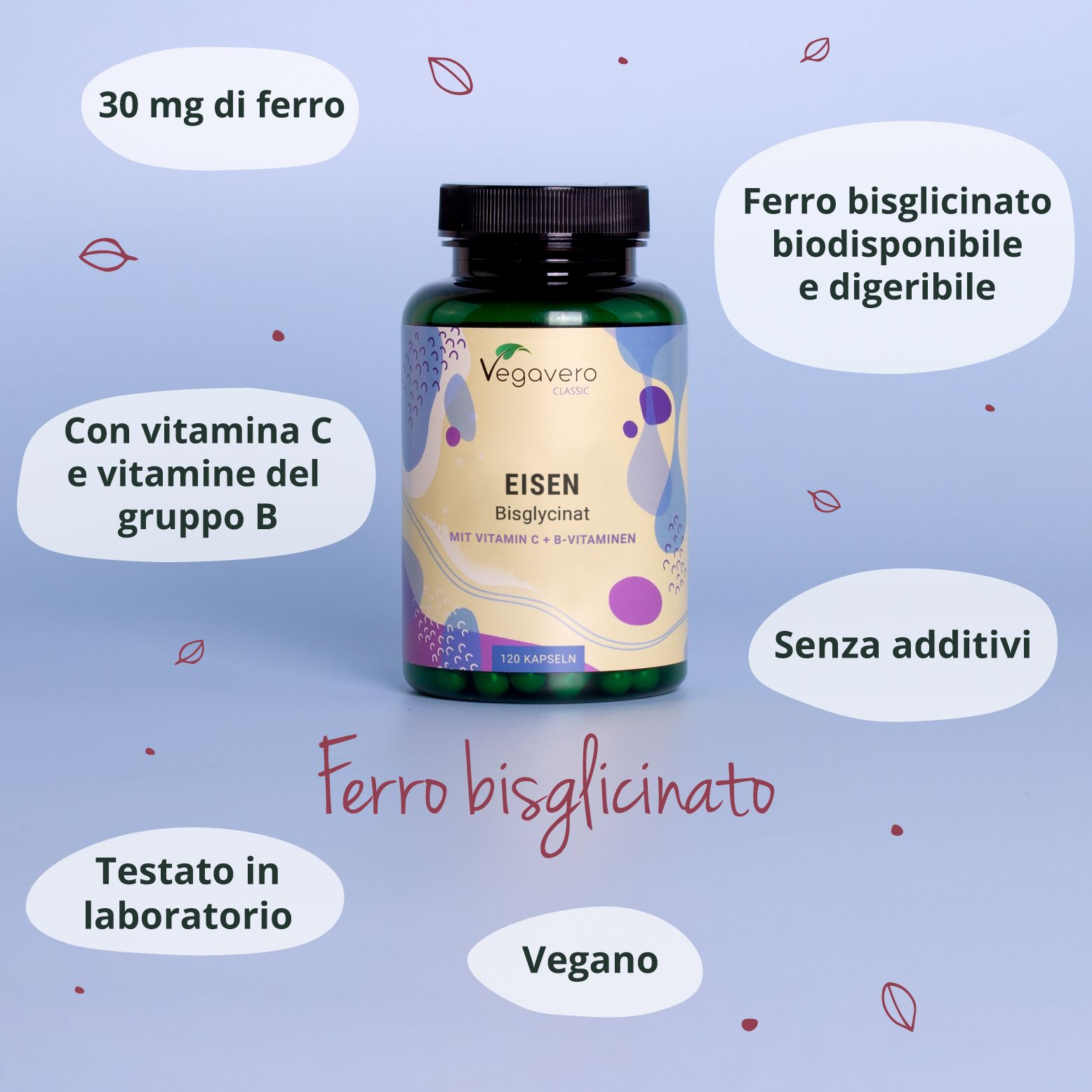 Flacone con etichetta prodotto. Marchio Vegavaro. Informazioni aggiuntive.