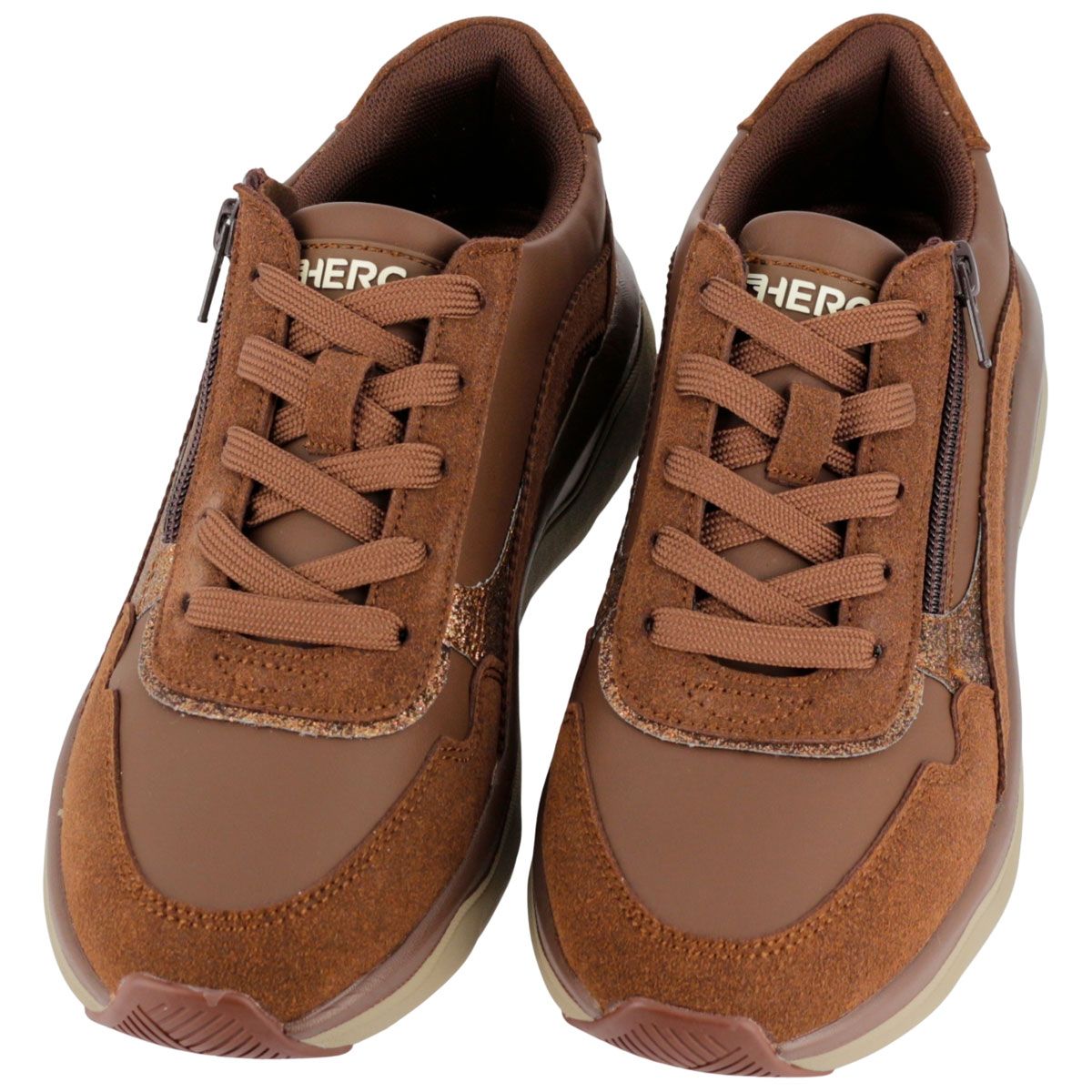 Paio di scarpe marroni da donna con lacci e zip laterale. Soletta interna estraibile.