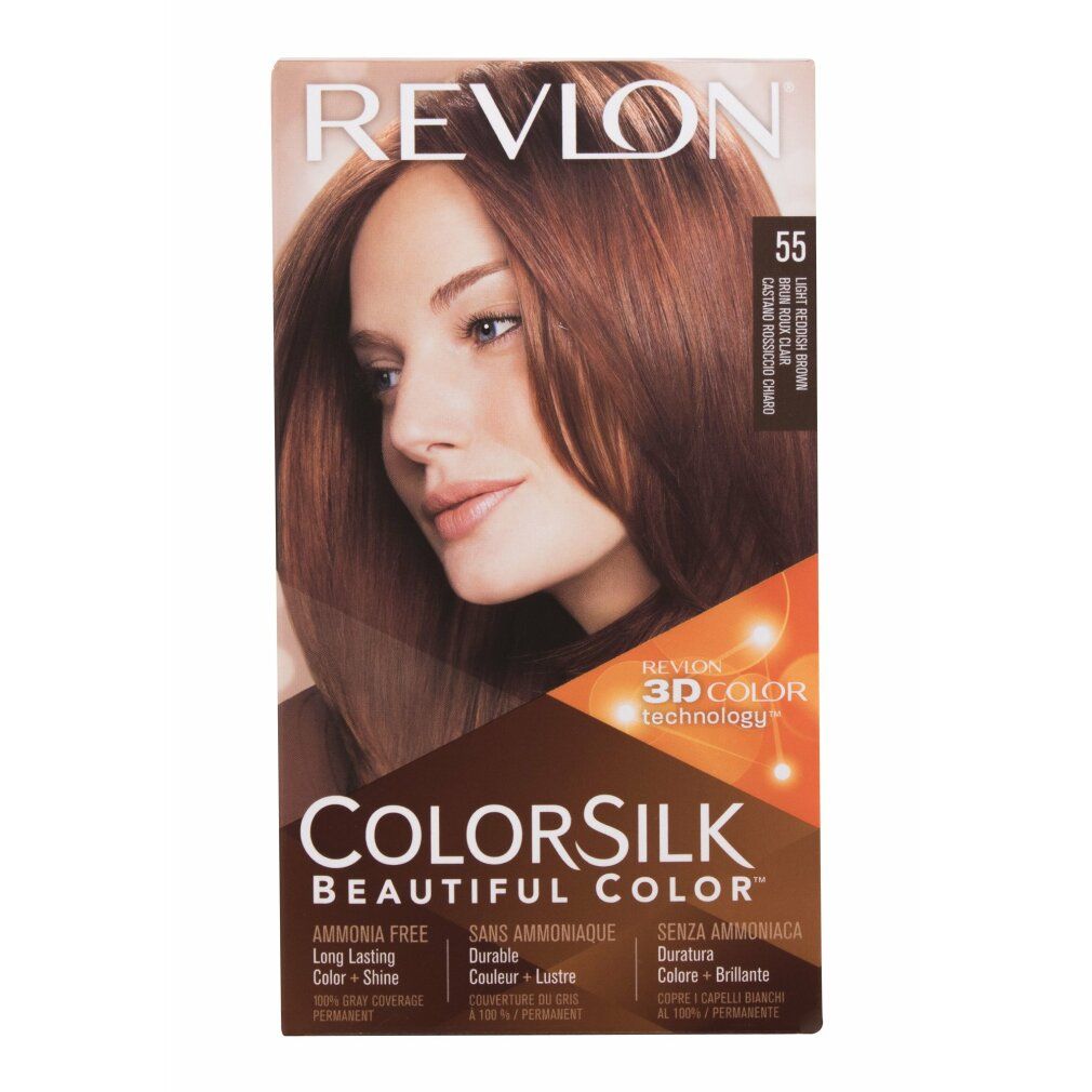 Confezione Revlon Colorsilk 55 Light Reddish Brown. Senza ammoniaca. Immagine di donna con capelli tinti. Tecnologia 3D Color Gel.
