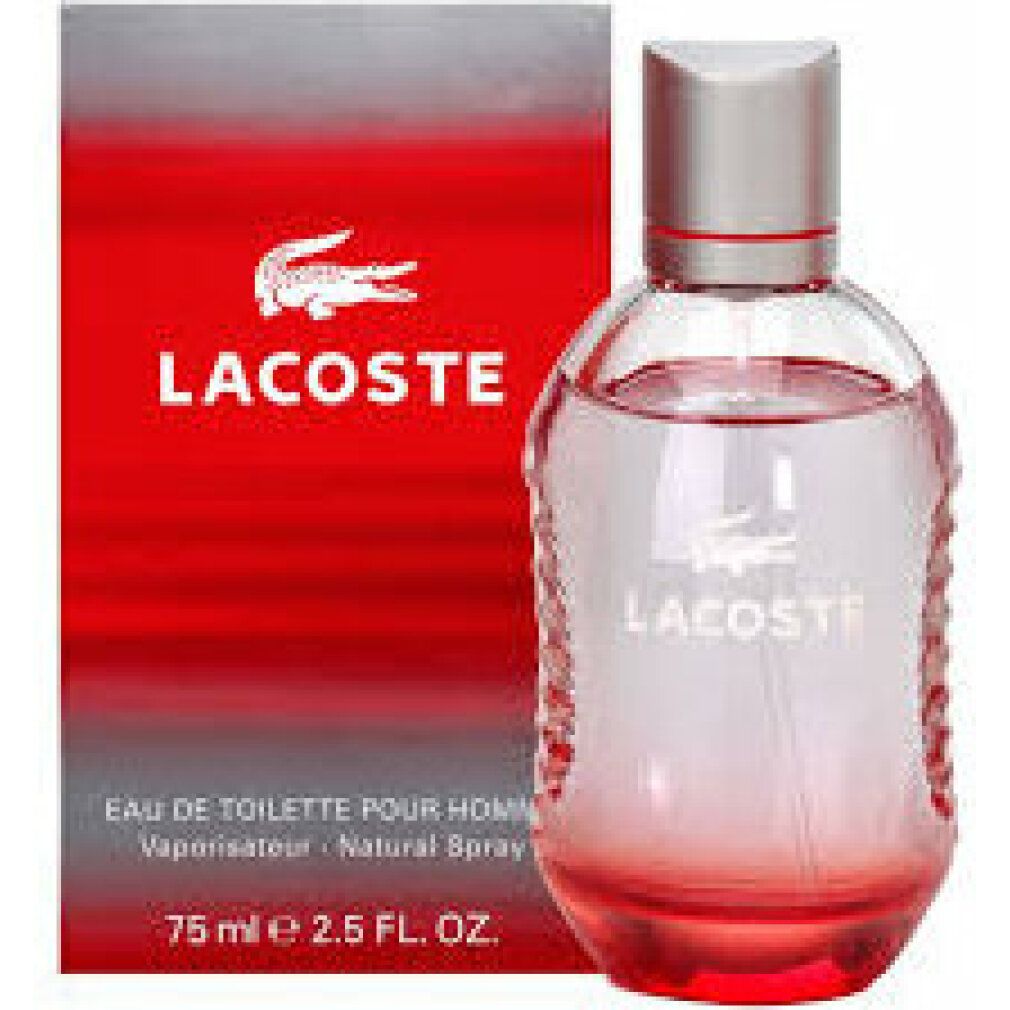 Flacone rosso con tappo argentato. Scatola rossa con logo e scritta bianchi. Eau de toilette.