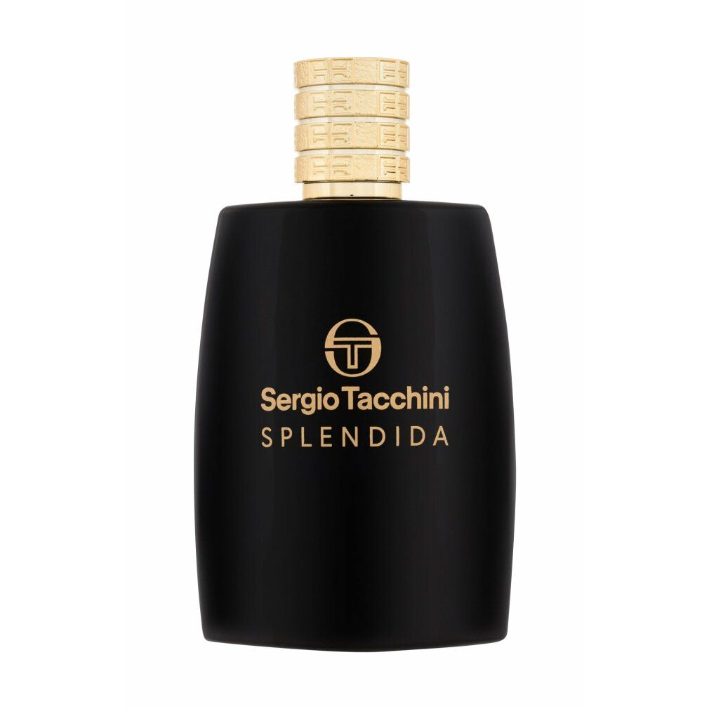 Flacone nero con tappo dorato. Scritta: Sergio Tacchini SPLENDIDA. Logo.