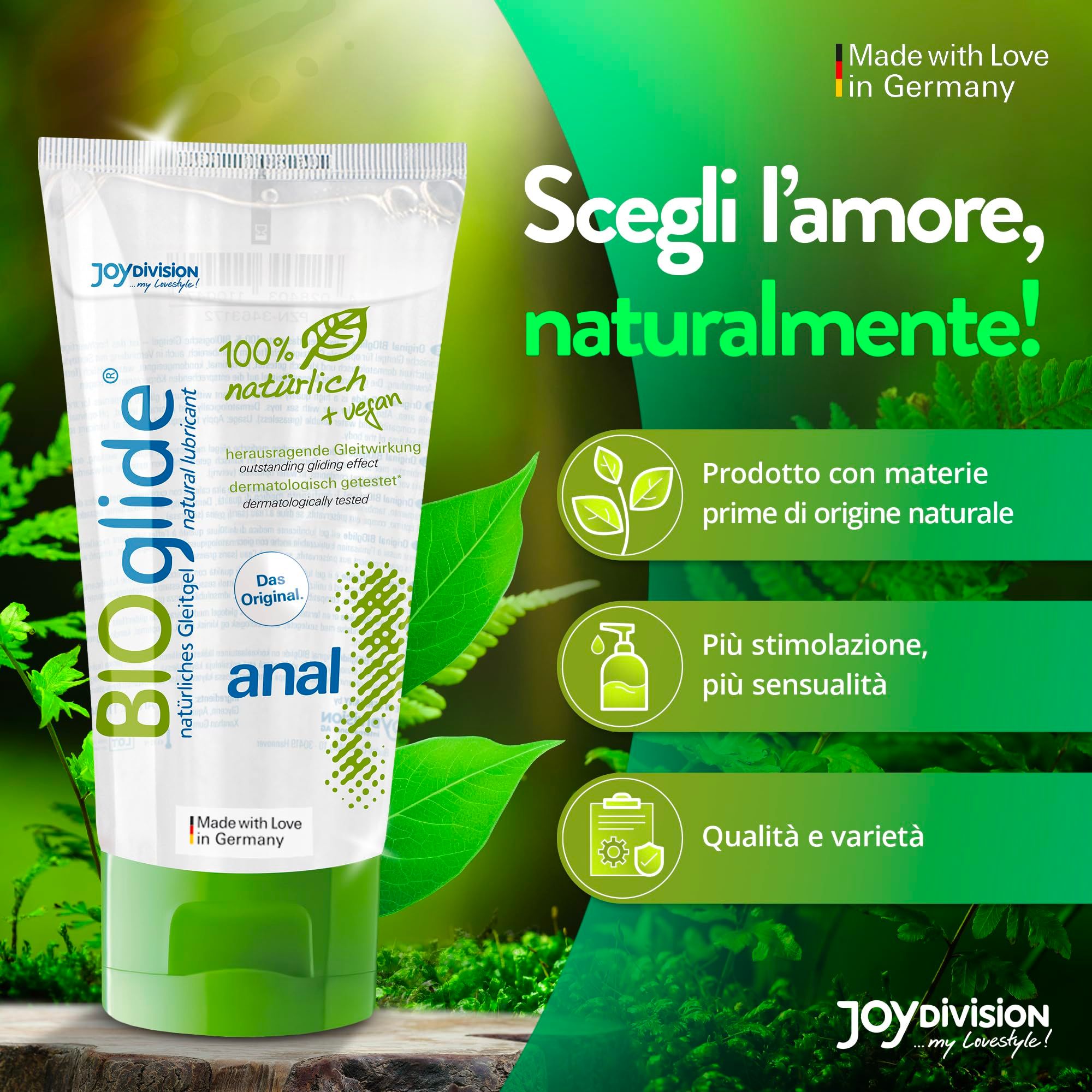 Tubo di gel lubrificante BIOglide con tappo verde. "Scegli l'amore, naturalmente!".