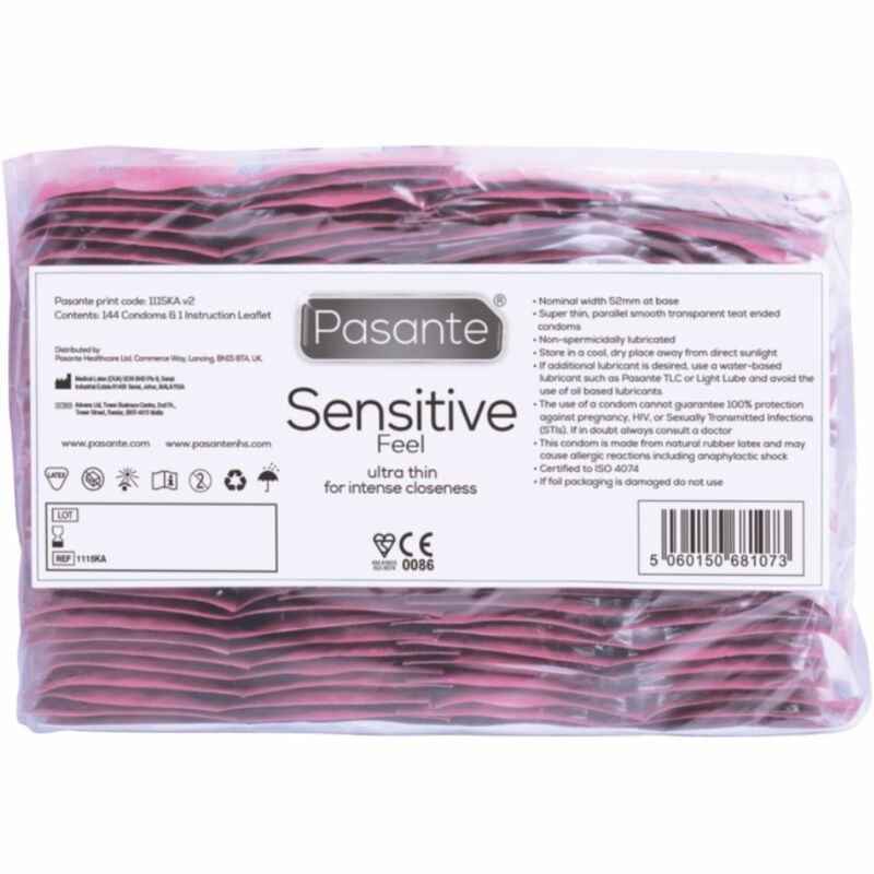 Confezione grande di preservativi Pasante Sensitive Feel. Circa 144 pezzi più foglietto illustrativo.