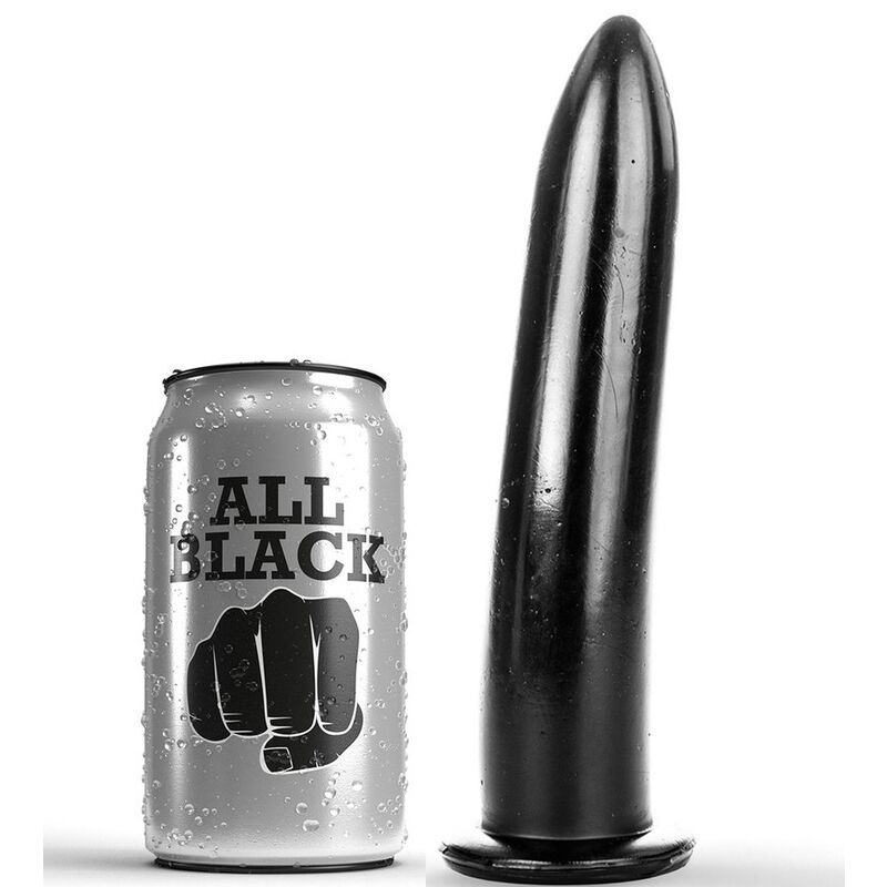 Dildo nero accanto a una lattina argentata con logo "All Black".