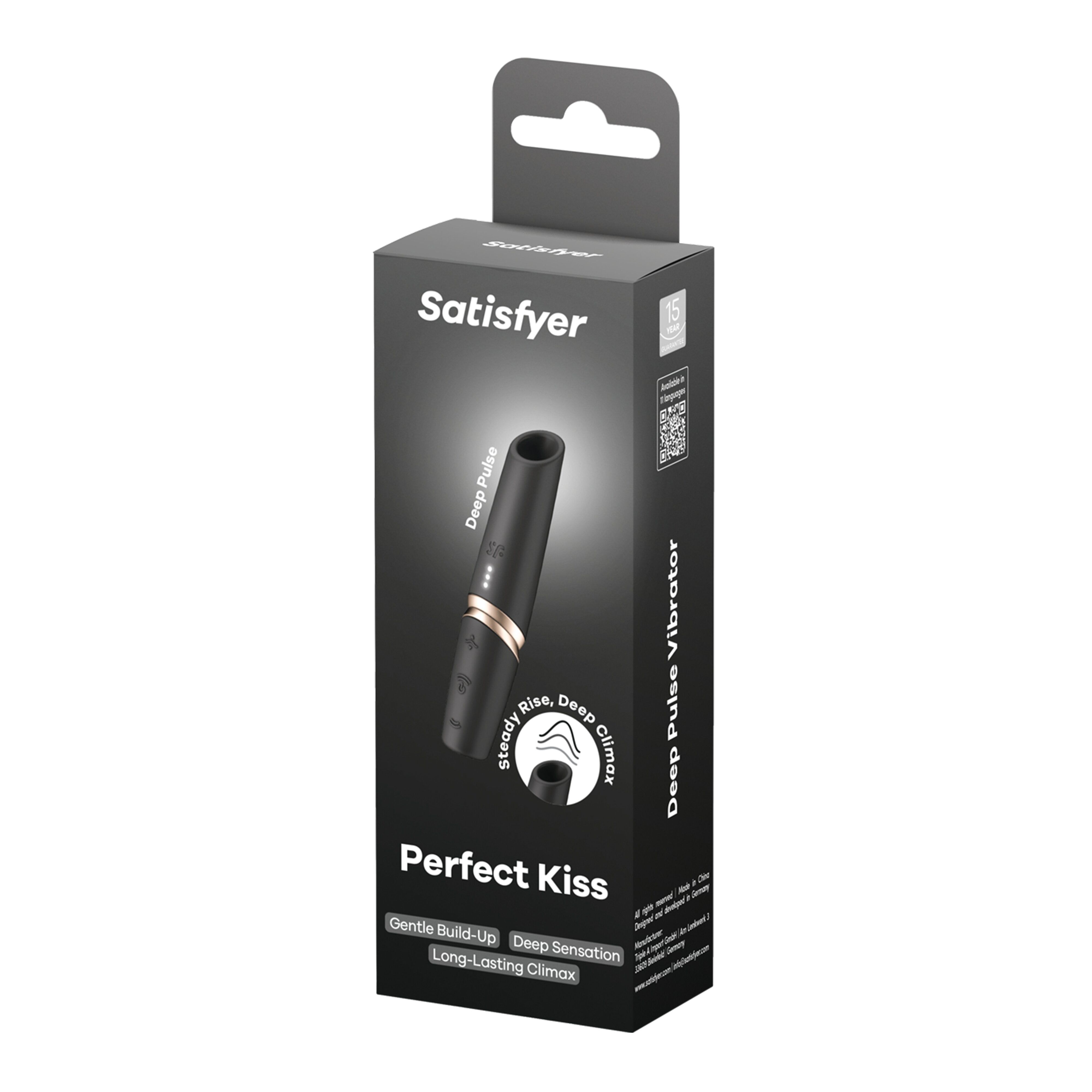 Confezione con immagine del prodotto. Testo: Satisfyer, Perfect Kiss. Descrizione: Deep Pulse Vibrator.