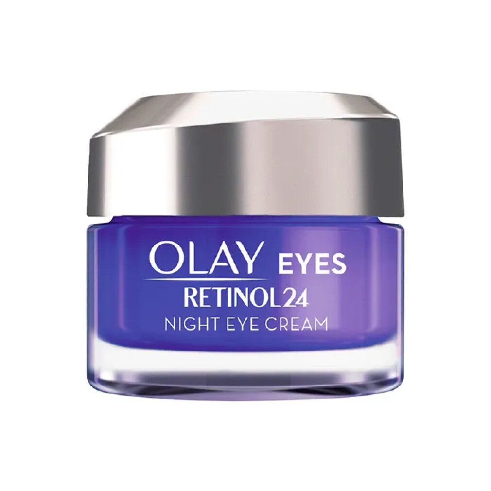Olay Eyes Retinol 24 crema notte occhi. Crema blu in un barattolo di vetro con coperchio argentato. Vista del prodotto.