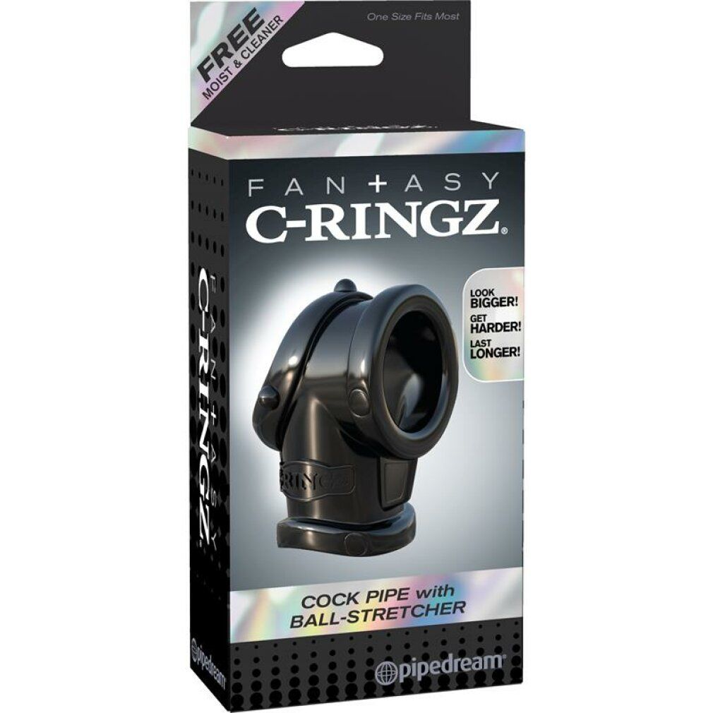 Confezione per C-Ringz. Scatola nera con immagine del prodotto. Testo: 'Cock Pipe with Ball-Stretcher' e 'Pipedream'.