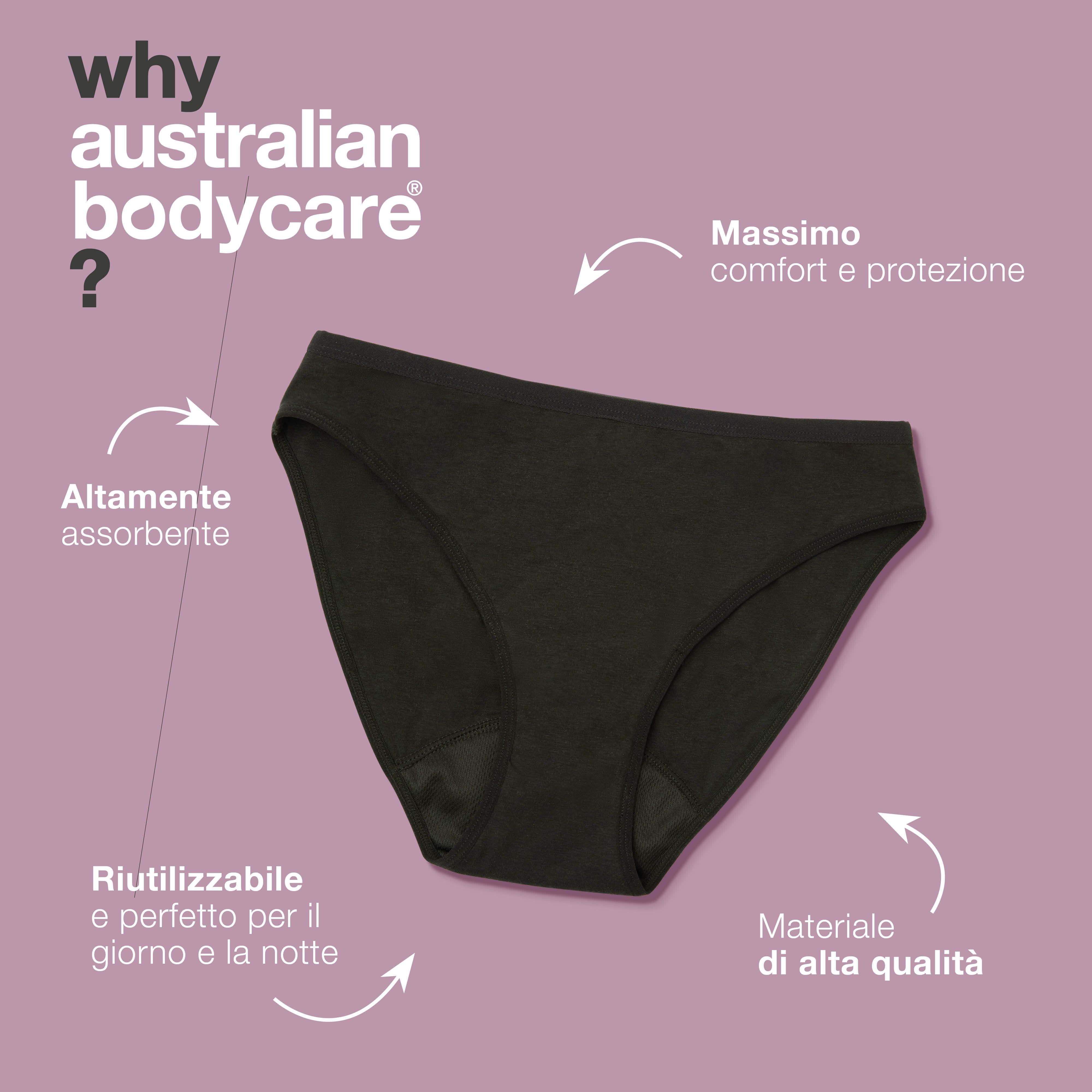 Mutandine mestruali nere. Testo: Altamente assorbente, riutilizzabile, materiale di alta qualità, comfort e protezione.