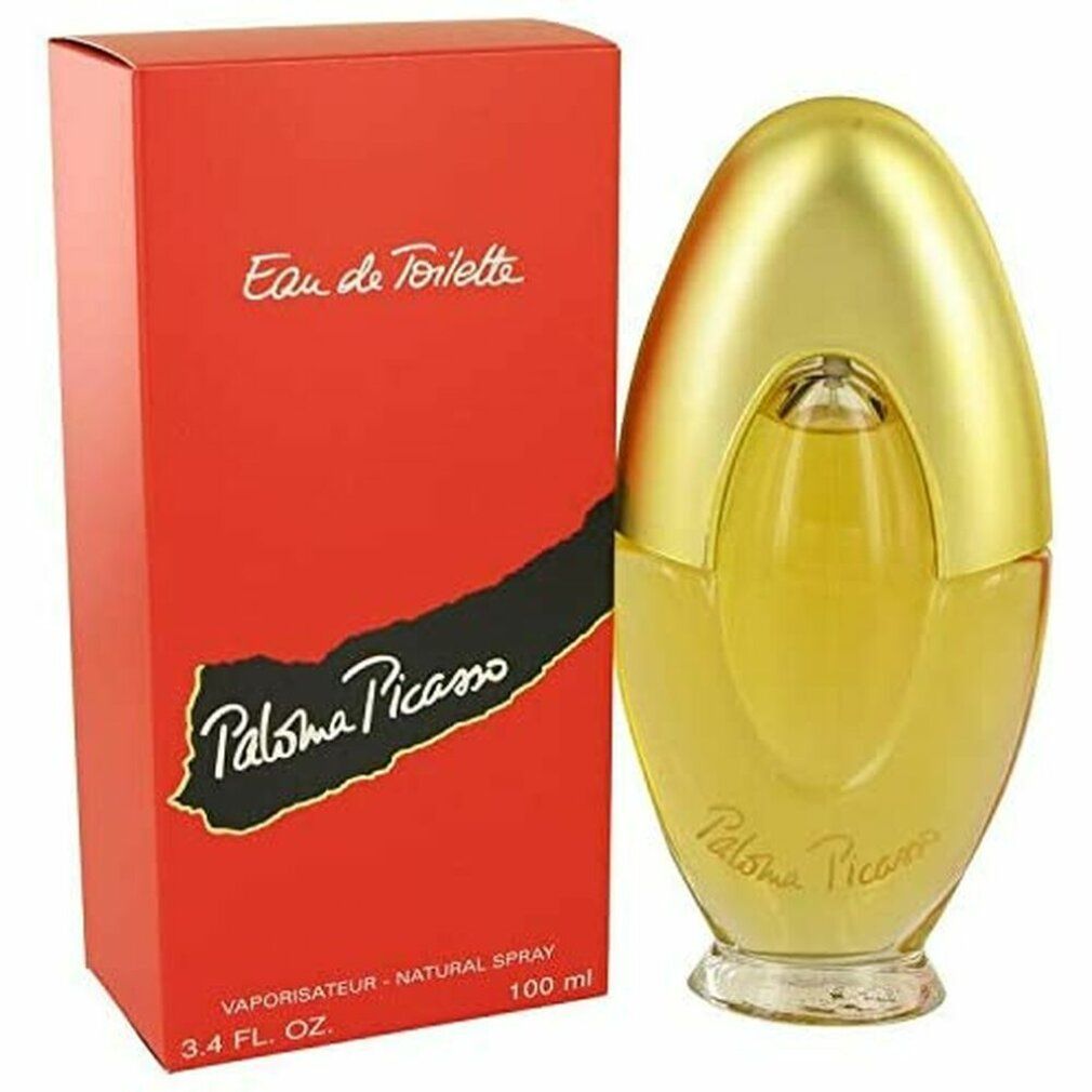 Flacone di profumo e confezione rossa. Flacone ovale, tappo dorato. Scritta: Paloma Picasso. Confezione: Eau de Toilette.