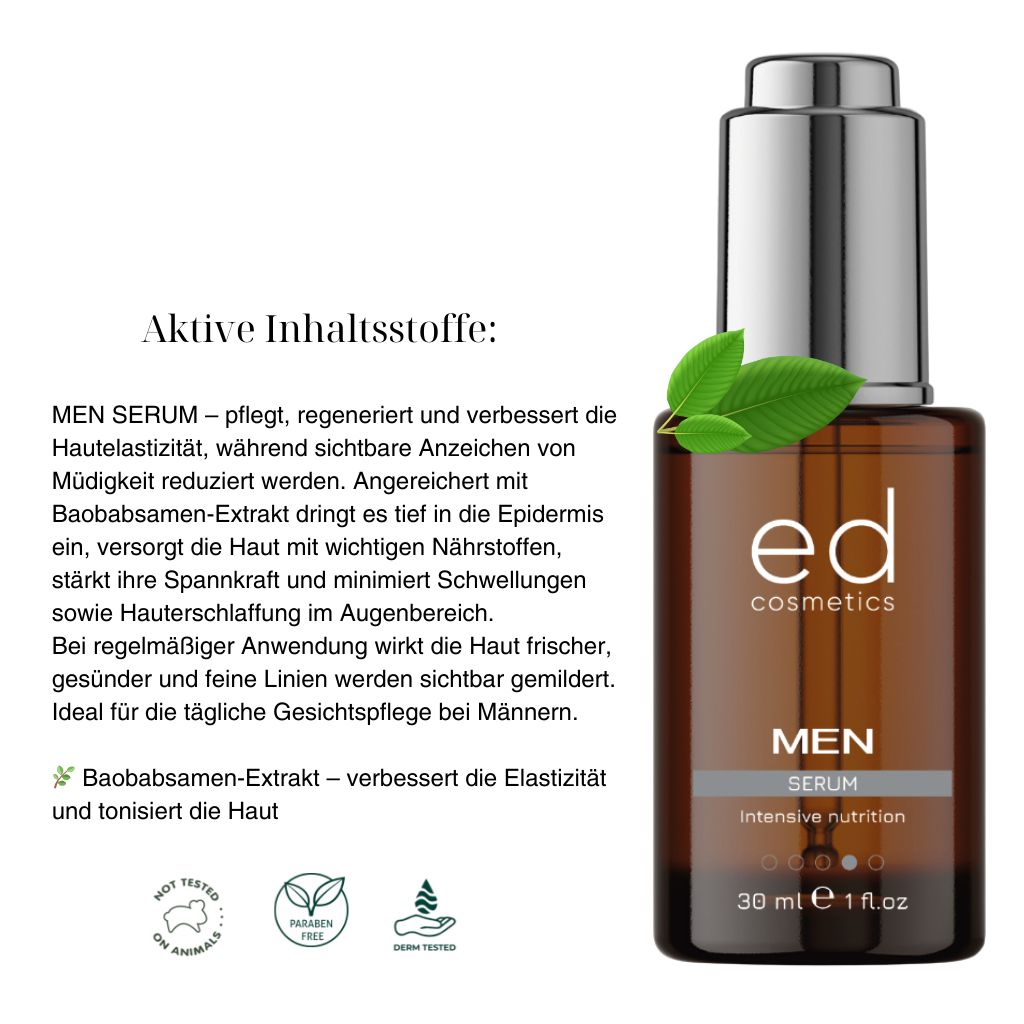 Flacone di vetro marrone con tappo argentato. Testo: "ed cosmetics MEN Serum". Foglie e loghi.