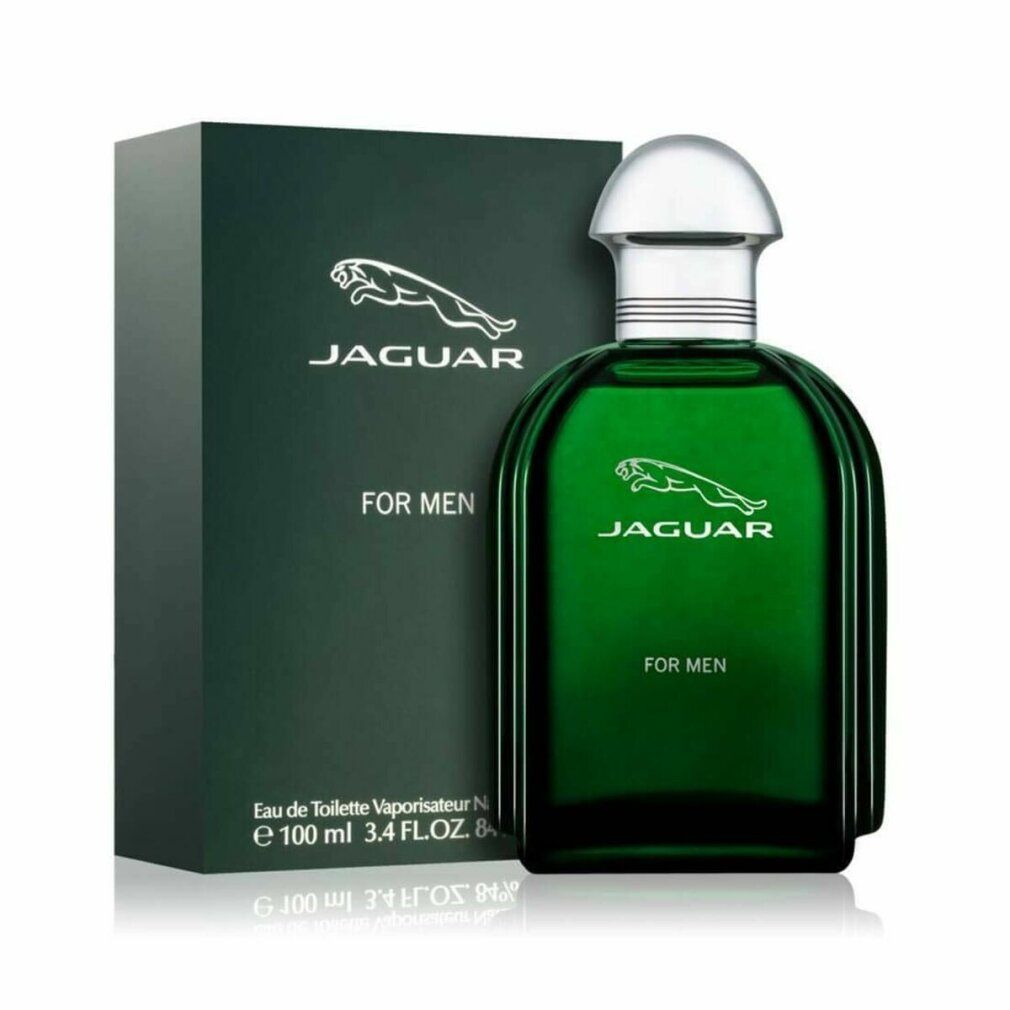 Flacone e scatola verdi. Scritta: Jaguar For Men. Logo: giaguaro che salta. Flacone con tappo argentato.