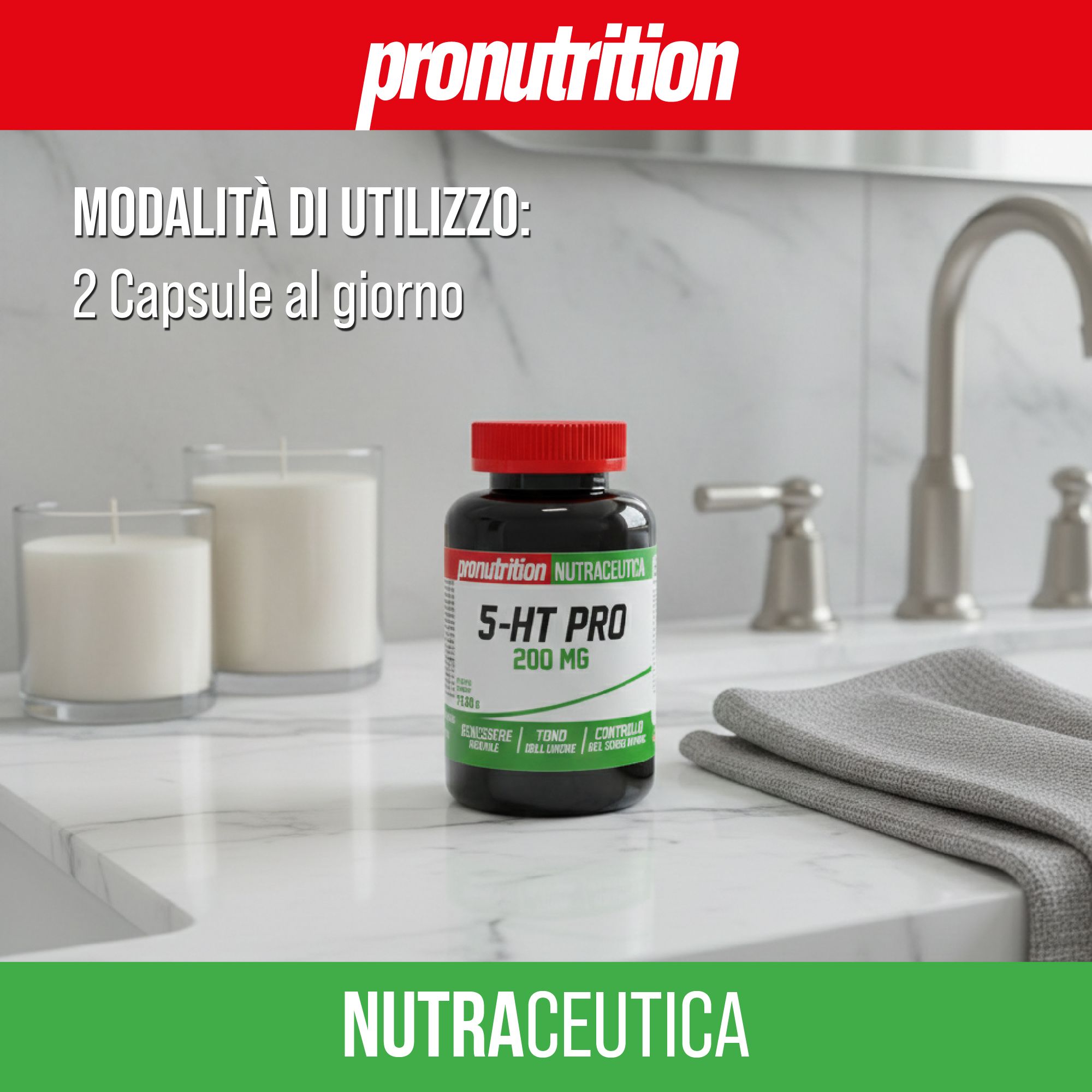 Flacone marrone con tappo rosso. Scritta: 5-HT PRO 200 MG. Testo: MODALITÀ DI UTILIZZO: 2 Capsule al giorno. Su una superficie in marmo.