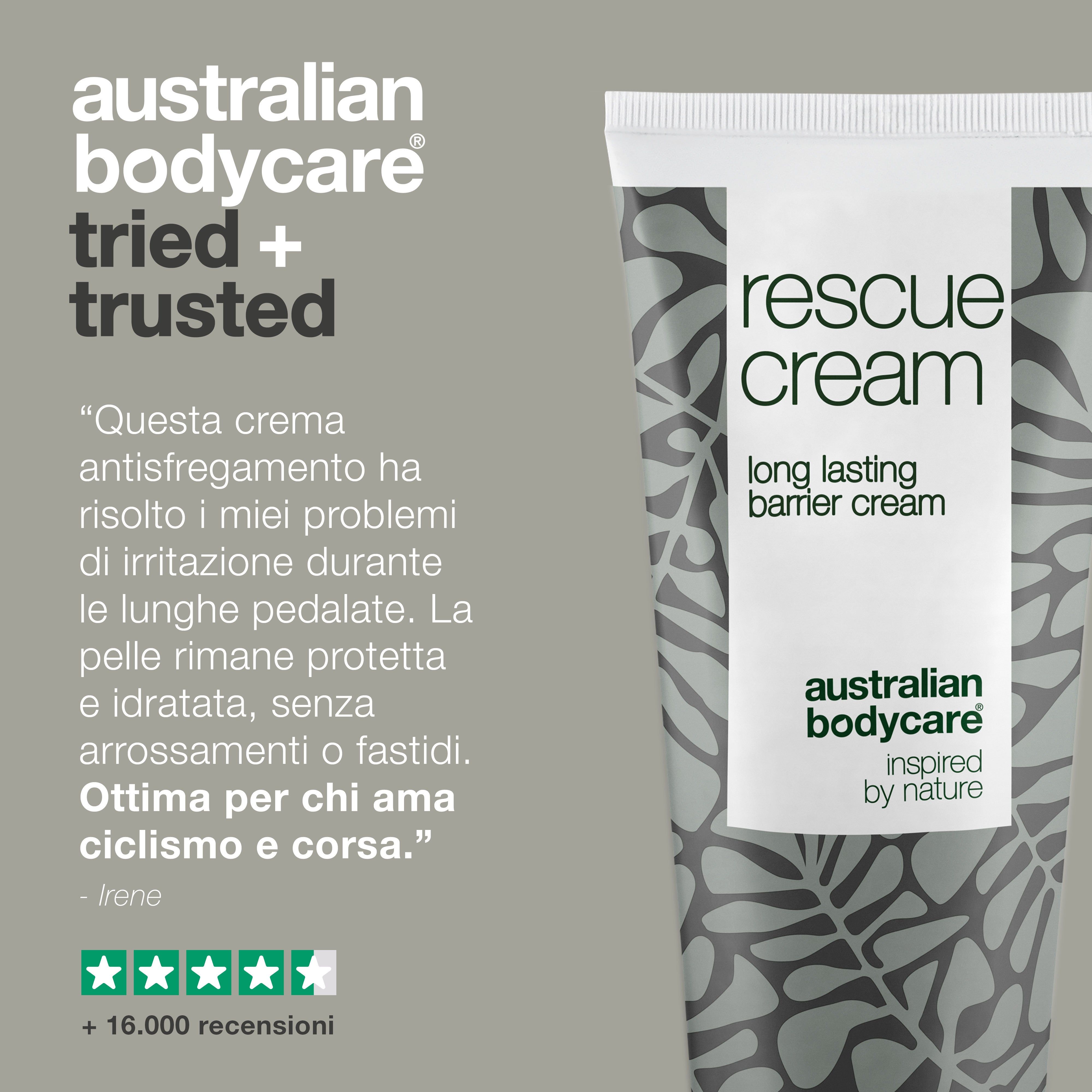 Confronto: problema e soluzione. Tubo di crema barriera. Testo: rescue cream, australian bodycare.