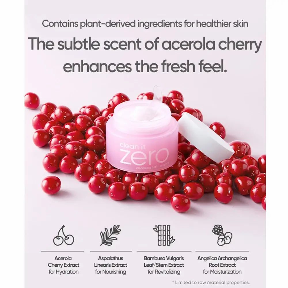 Barattolo rosa con coperchio bianco, circondato da ciliegie. Testo: "clean it zero".