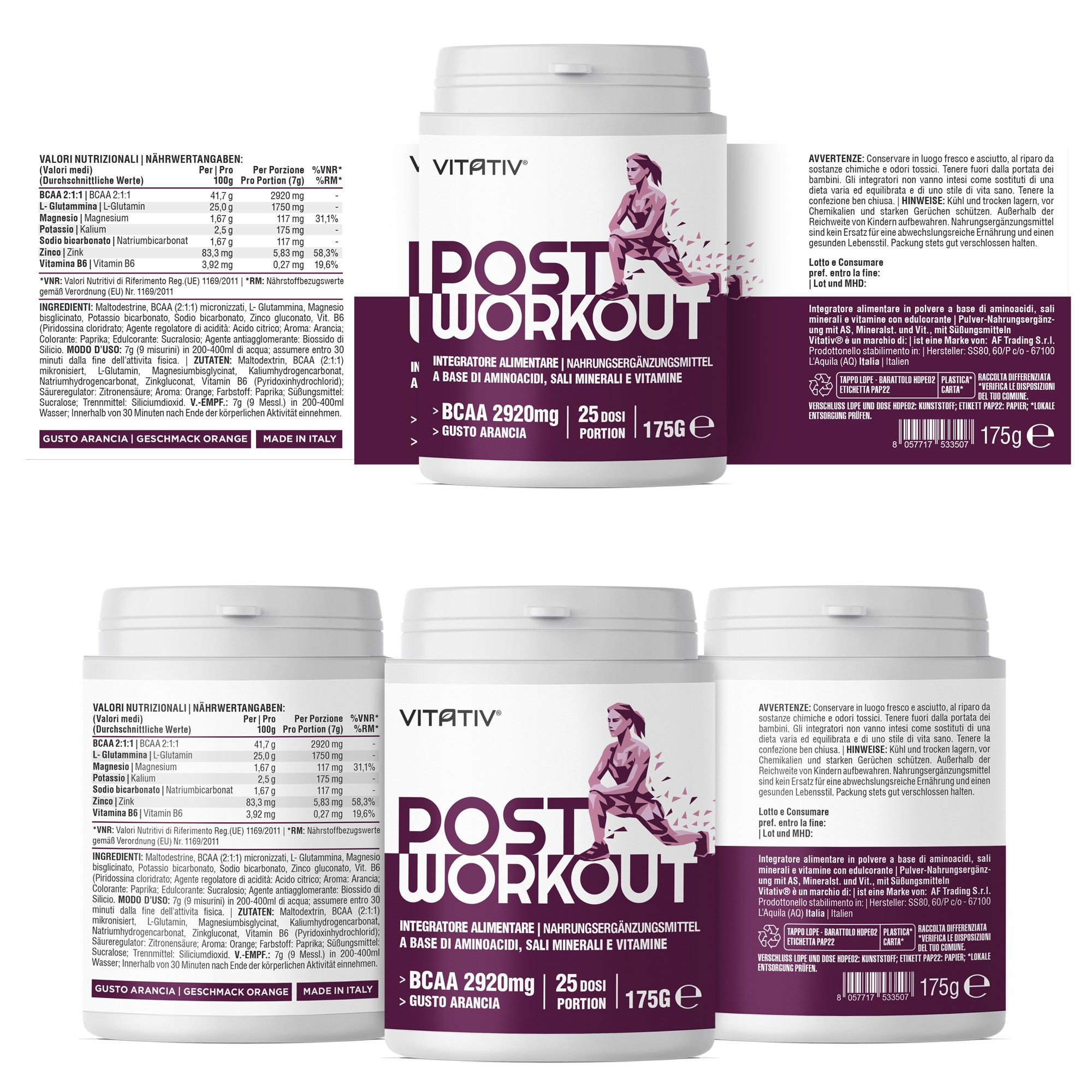 VITATIV® Post Workout Donna in Polvere con BCAA 2:1:1, Glutammina, Minerali e Vitamine - 175 g