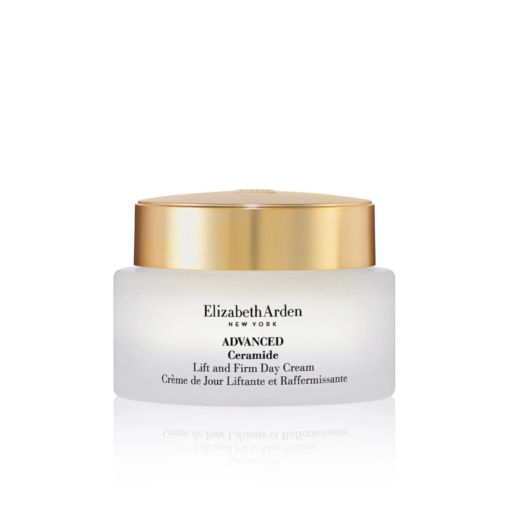 Vasetto di crema con coperchio dorato. Elizabeth Arden, Advanced Ceramide, Lift and Firm Day Cream.