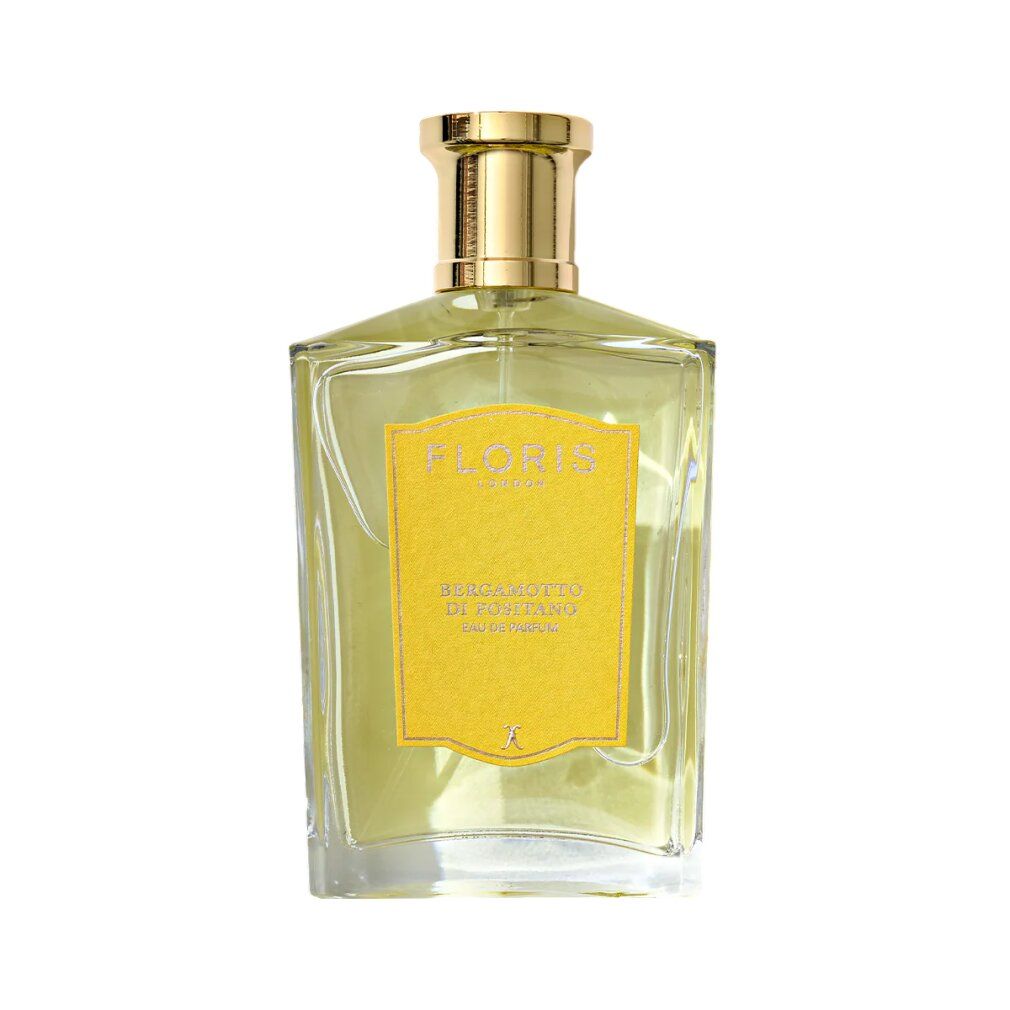 Flacone con liquido giallo e tappo dorato. Etichetta con "FLORIS LONDON" e "Bergamotto di Positano".