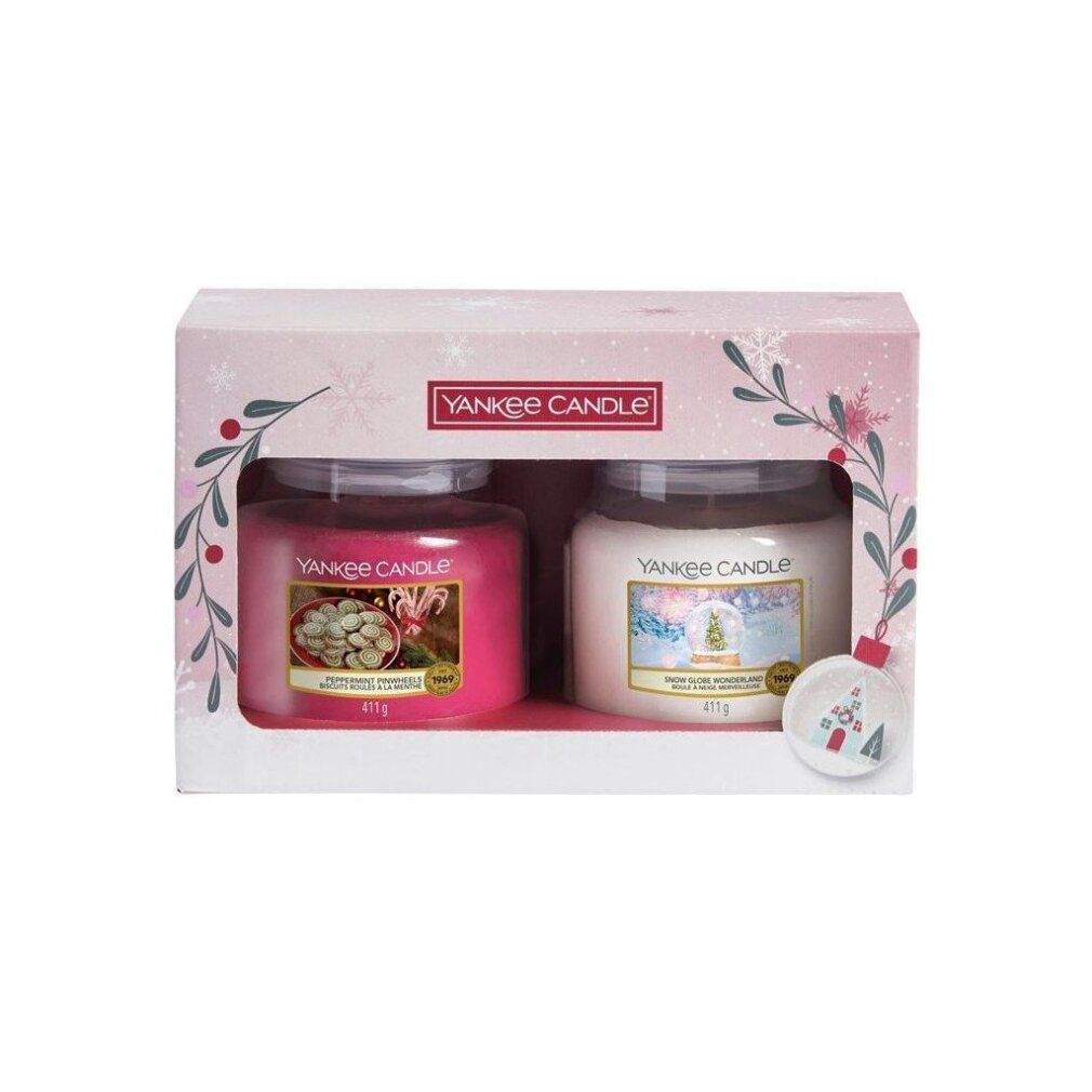 Confezione regalo Yankee Candle con due barattoli. Rosa e bianco, in confezione regalo con logo e ornamento. 411g.