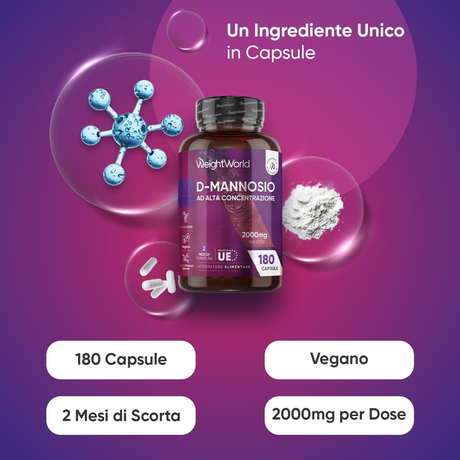 Flacone marrone di capsule di D-Mannosio. Testo: 180 capsule. Loghi: Vie urinarie, senza coloranti, salute intestinale. Logo: WeightWorld.
