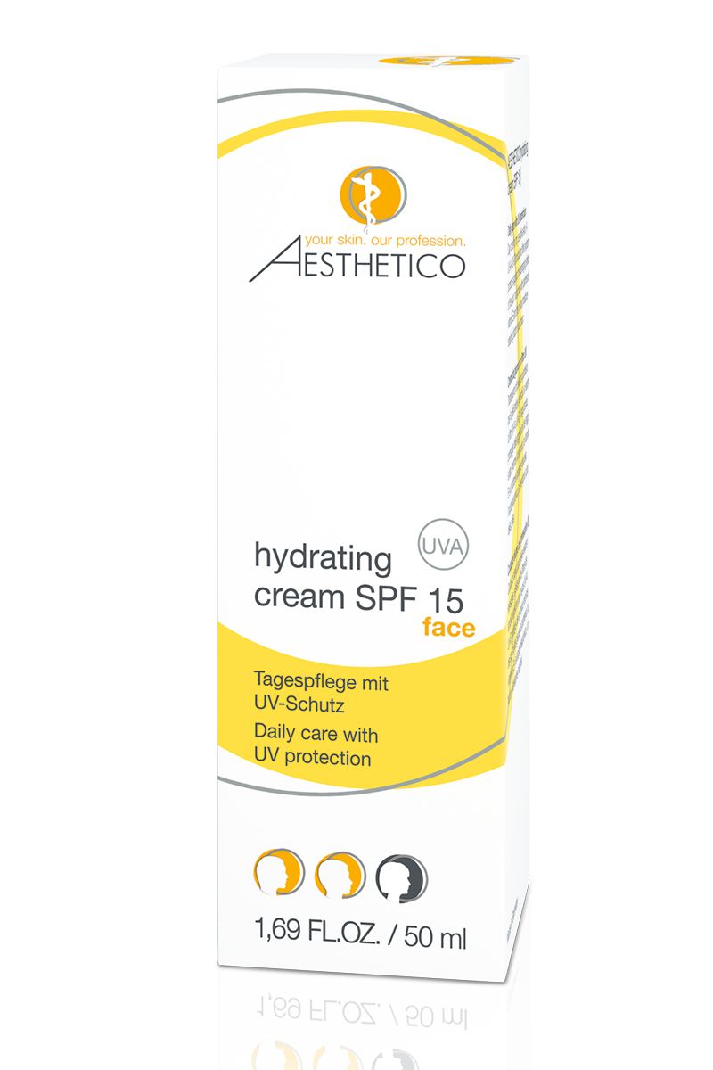 Scatola pieghevole bianca con informazioni sul prodotto. Scritta: Aesthetico hydrating cream SPF 15 face. Accenti gialli. Logo e testo in nero.