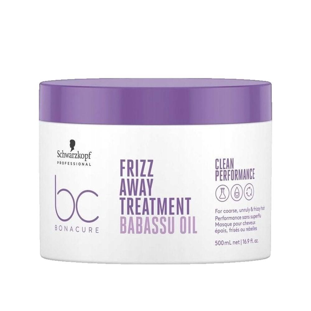 Vaso bianco con coperchio viola. Scritta: Frizz Away Treatment Babassu Oil. Marchio: Schwarzkopf BC Bonacure.