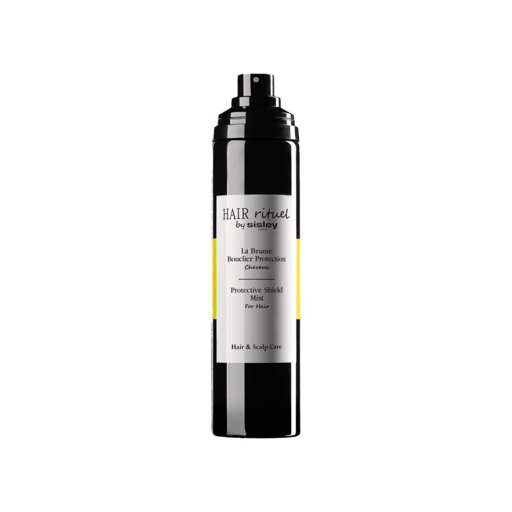 Flacone spray nero con banda gialla. Scritte: HAIR rituel by sisley, La Brume Bouclier Protection, Protective Shield Mist.