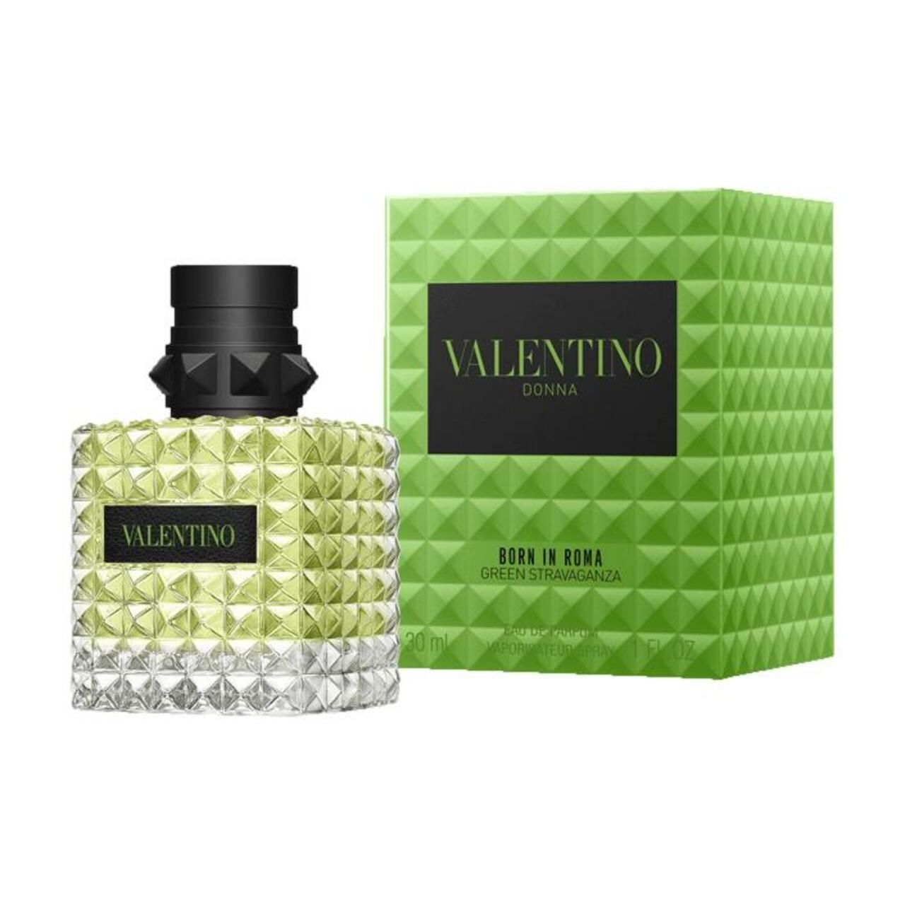 Flacone e scatola verdi. Tappo nero. Testo: Valentino Donna Born in Roma Green Stravaganza. 30 ml.