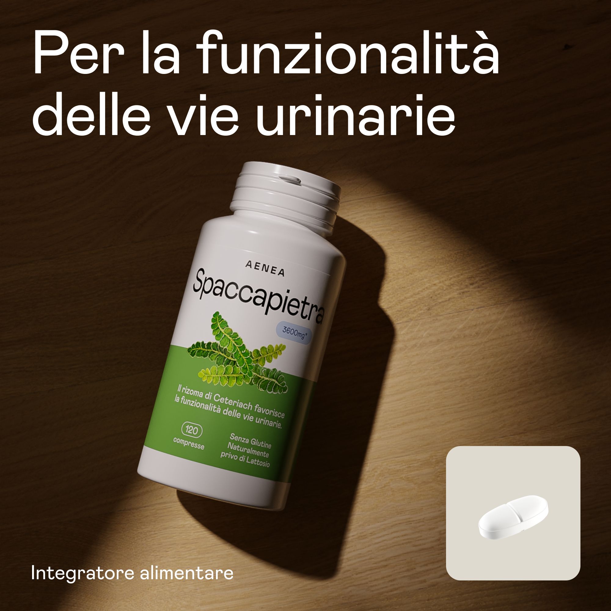 Flacone di compresse Aenea Spaccapietra. Testo: Per la funzionalità urinaria. 120 compresse. Senza glutine, senza lattosio.