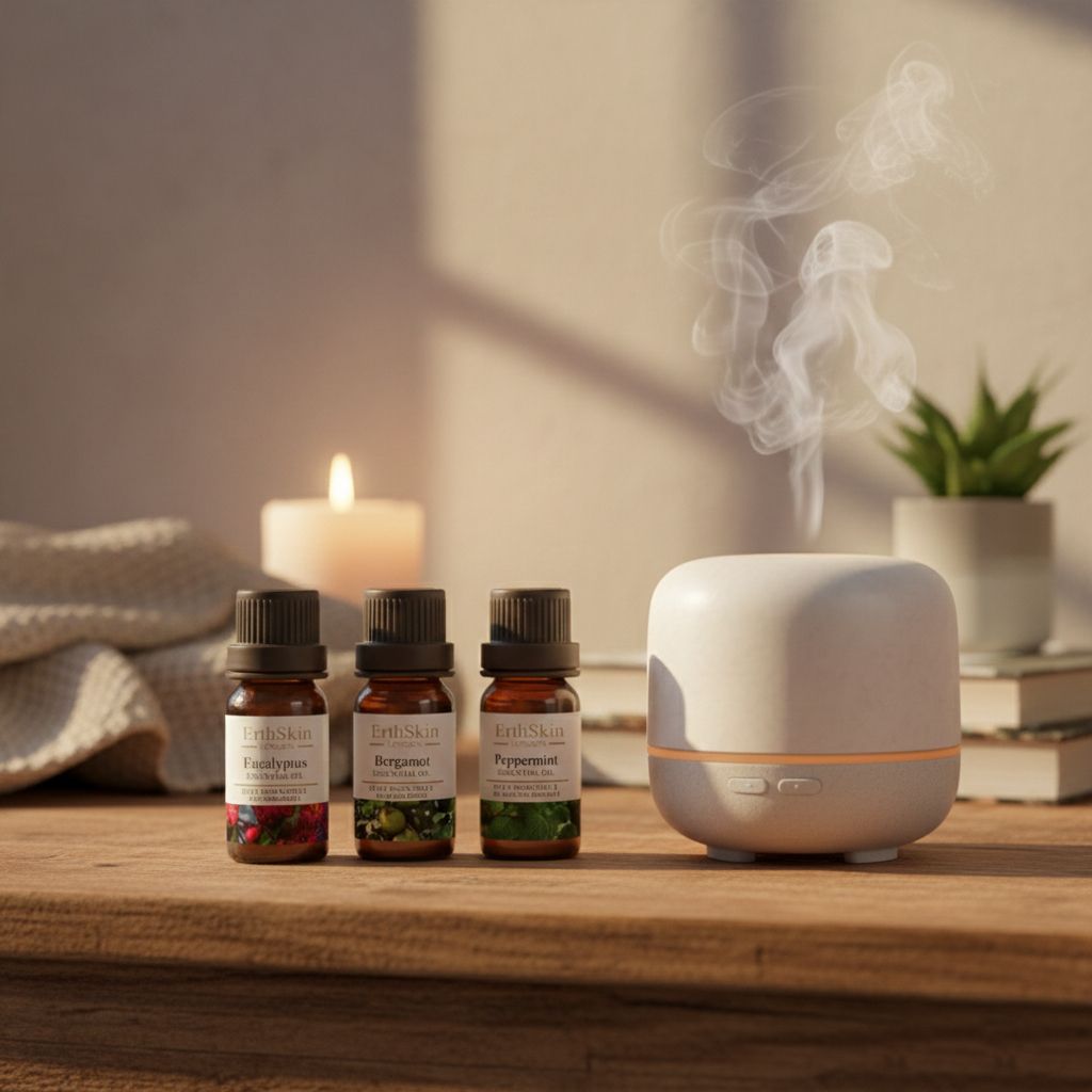 Un diffusore emette vapore, accanto a tre piccole bottiglie di oli essenziali ErthSkin London.