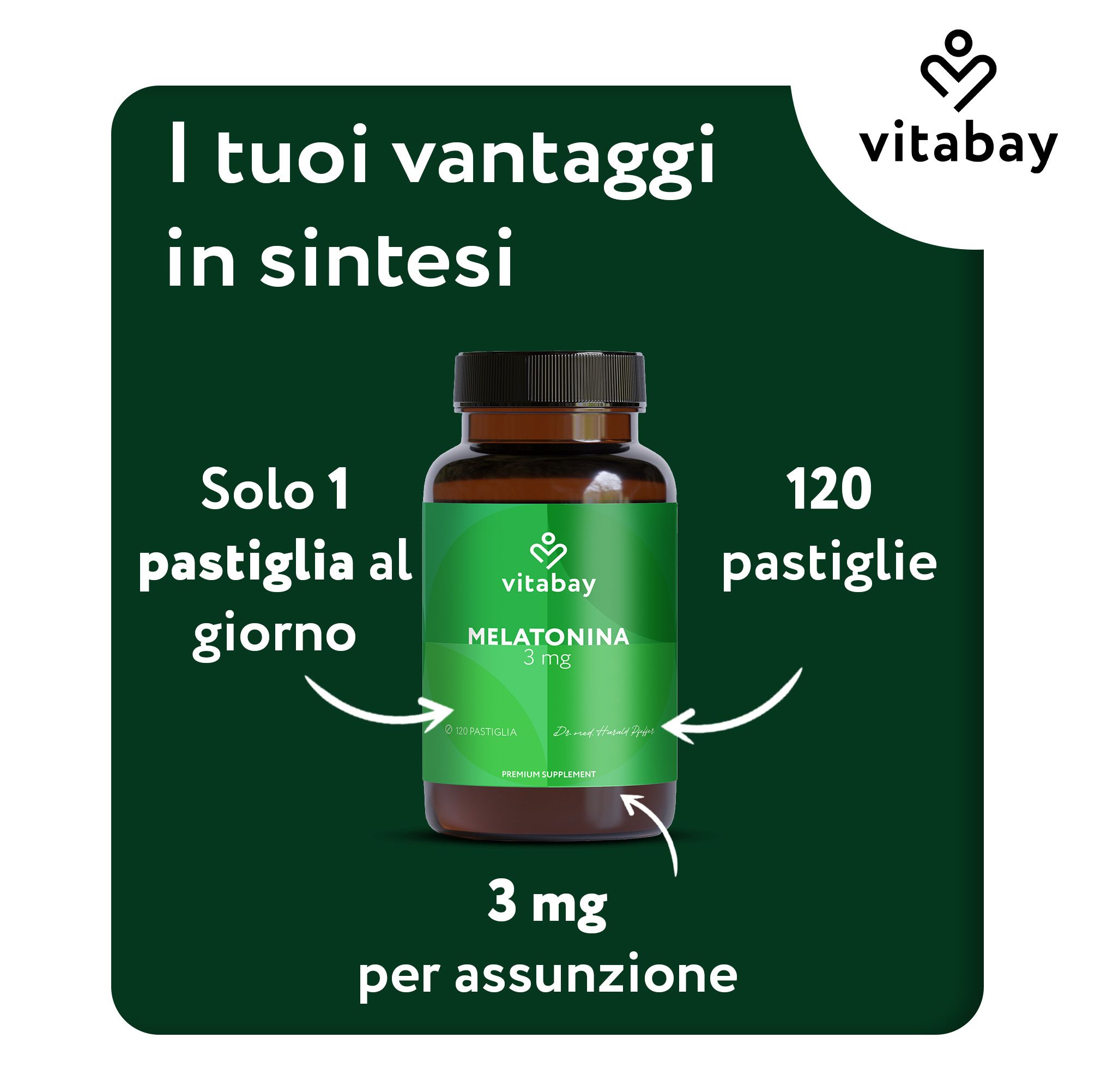 Flacone Vitabay Melatonin 3mg con etichetta, mostra informazioni nutrizionali e sigilli.