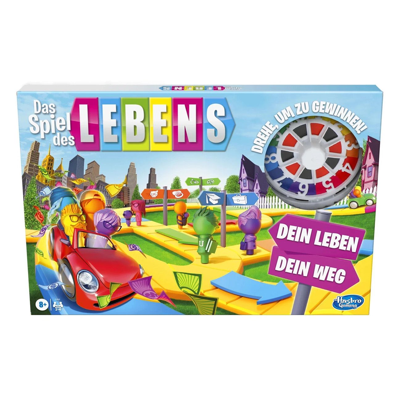 Scatola del gioco "Das Spiel des Lebens". Mostra un'auto rossa e personaggi su un percorso.