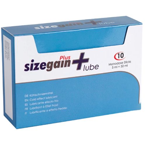 Confezione da 10 monodosi 'Sizegain Plus Lube' con effetto freddo.