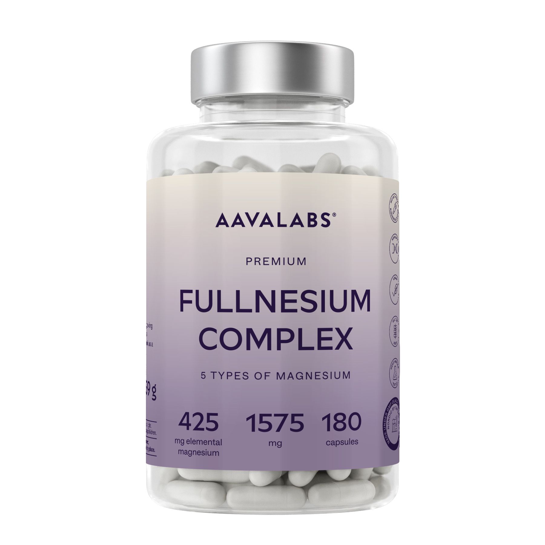 Flacone di capsule. Scritta: FULLNESIUM COMPLEX, 5 tipi di magnesio. Marchio: AAVALABS.