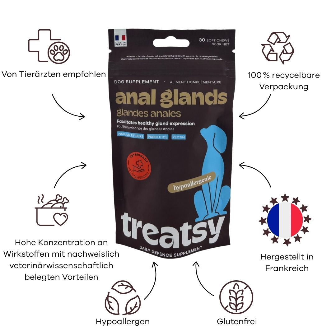 Busta di integratore. Testo: Anal Glands, ipoallergenico, senza glutine, prodotto in Francia, 100% riciclabile.
