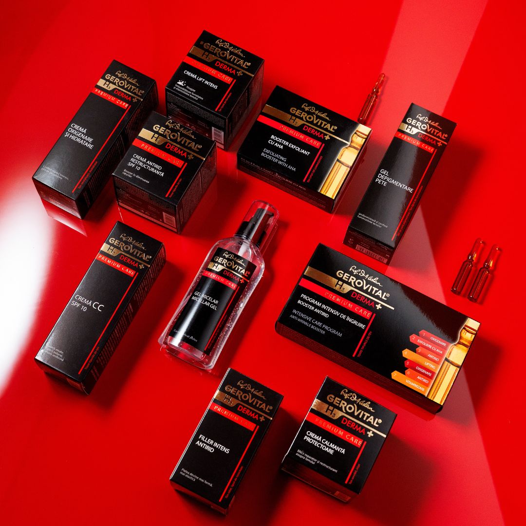 Diversi prodotti: vasi, flaconi, scatole. Scritta: Gerovital H3 Derma+, Premium Care. Sfondo rosso.