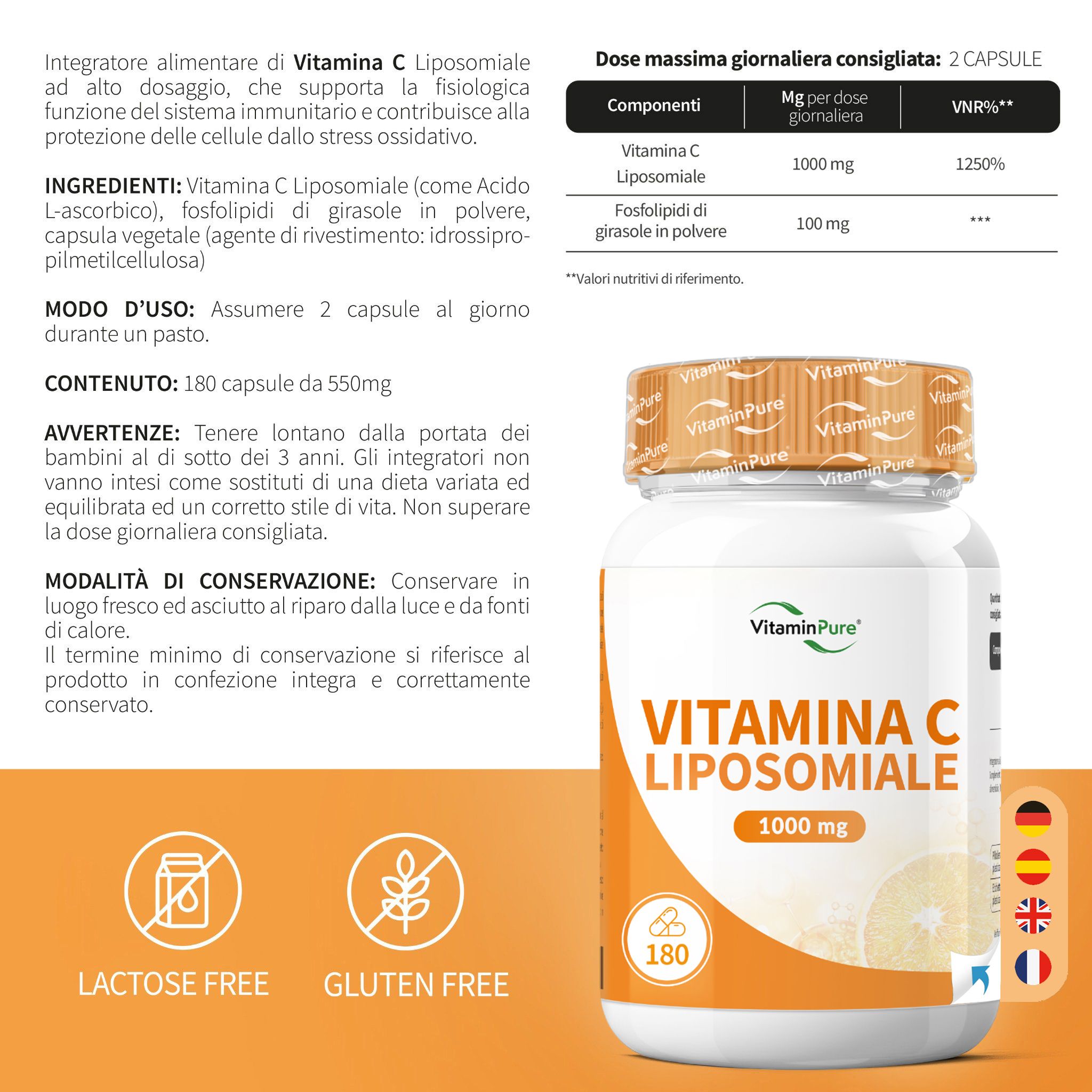 Flacone di prodotto Vitamin C Liposomiale 1000mg. Contiene 180 capsule. Testo: Senza lattosio, senza glutine. Informazioni nutrizionali.