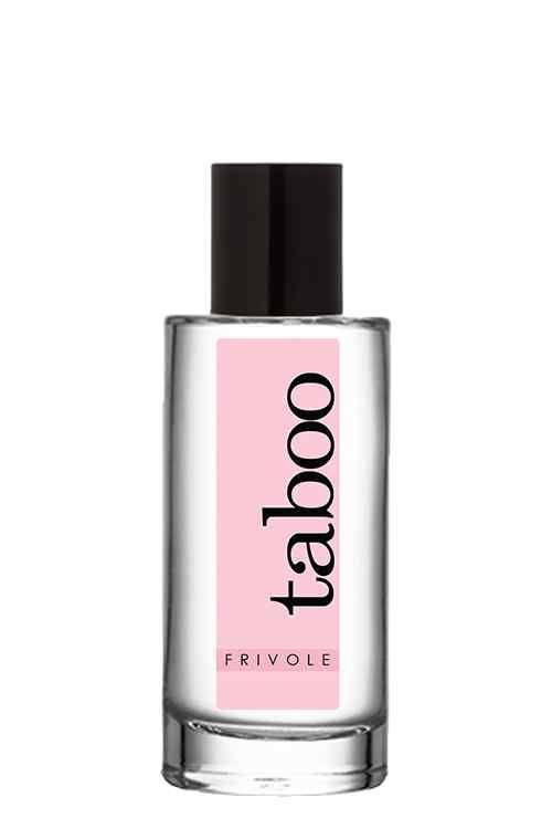 Flacone di vetro con tappo nero ed etichetta rosa con la scritta « taboo » in nero. Sotto, « Frivole ».